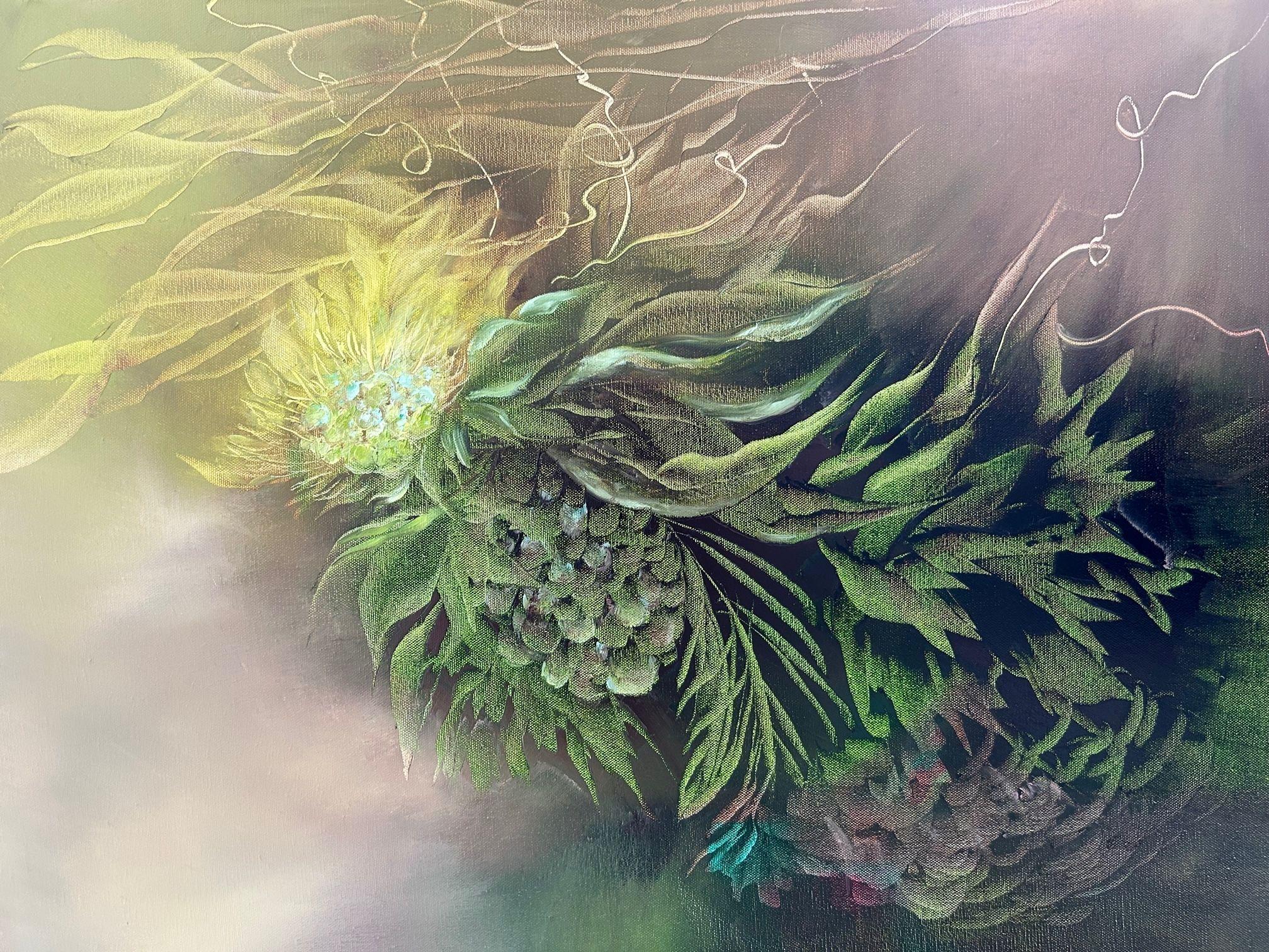 Another artwork from the series "Night fragrance". The artist uses a new color palette for her, but her unique style is the same.  Fantastic plants sway in the night garden, exuding a unique aroma. It seems that we can smell this fragrance and feel
