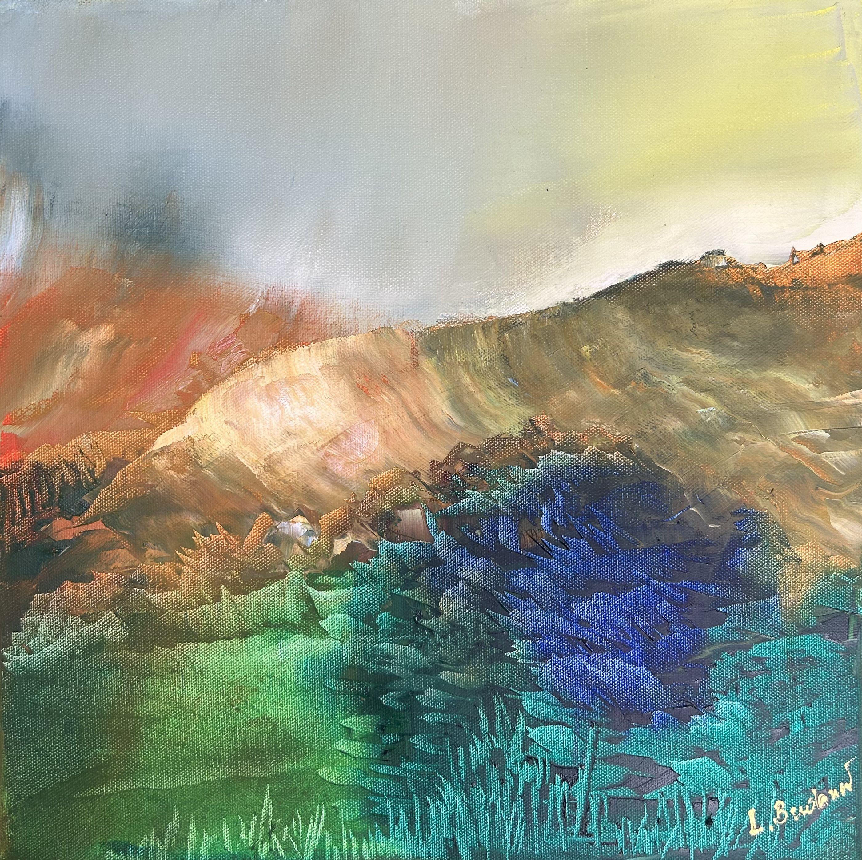 Orangefarbene Halterung in Island, Gemälde, Öl auf Leinwand – Painting von Ludmila Budanov