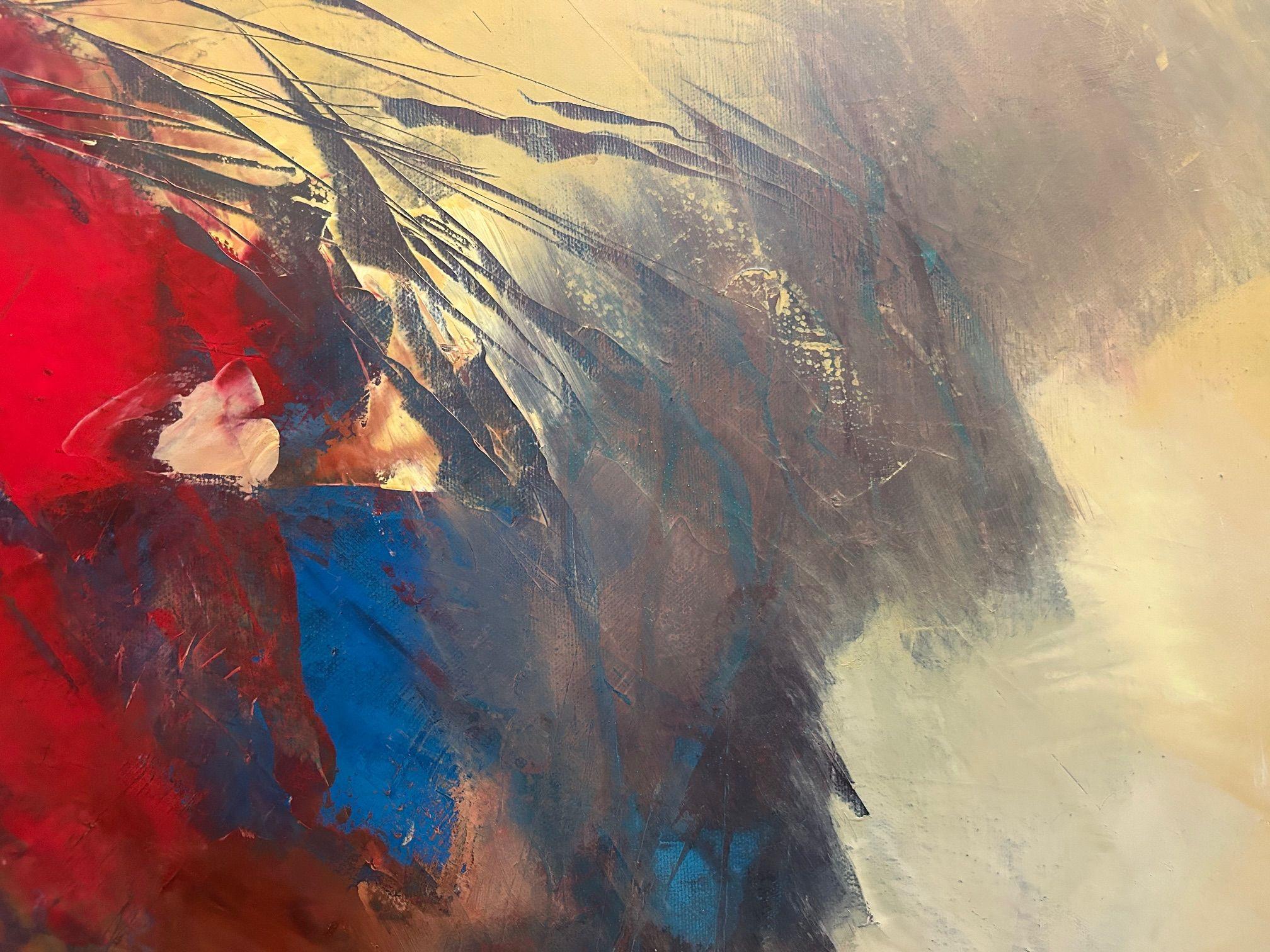 In diesem Kunstwerk habe ich rohe Emotionen kanalisiert, indem ich kühne Striche und lebhafte Rotkontraste vor gedämpften Hintergründen verwendet habe, um die wilde Intensität des Lebens zu verkörpern. Dieses Stück erzählt von Leidenschaft und