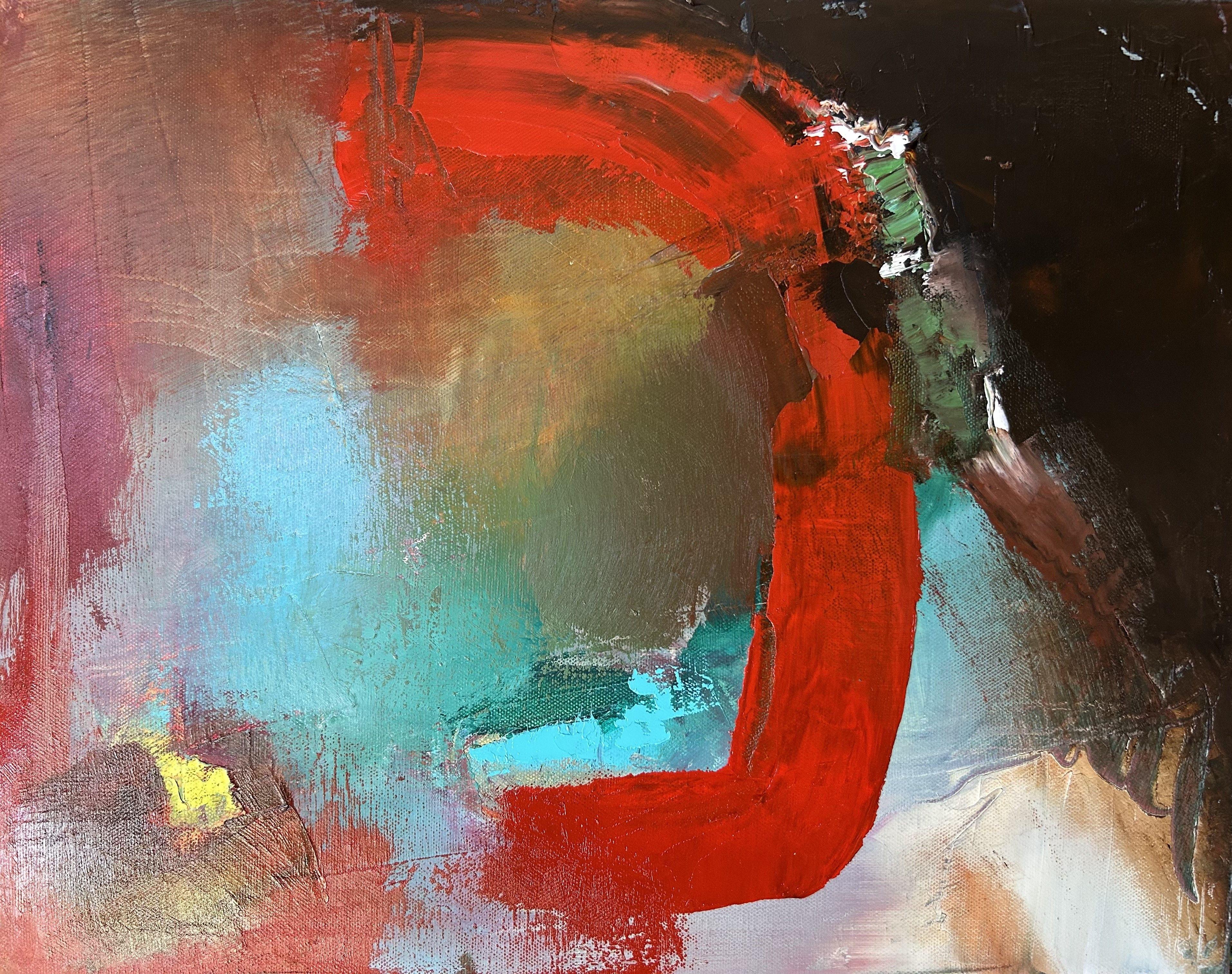 In creating this piece, I felt a rush of raw emotions channel through each stroke, capturing a spectrum of feelings from turmoil to tranquility. The bold red arc reflects a journey of passion and courage, breaking through barriers, while the calmer