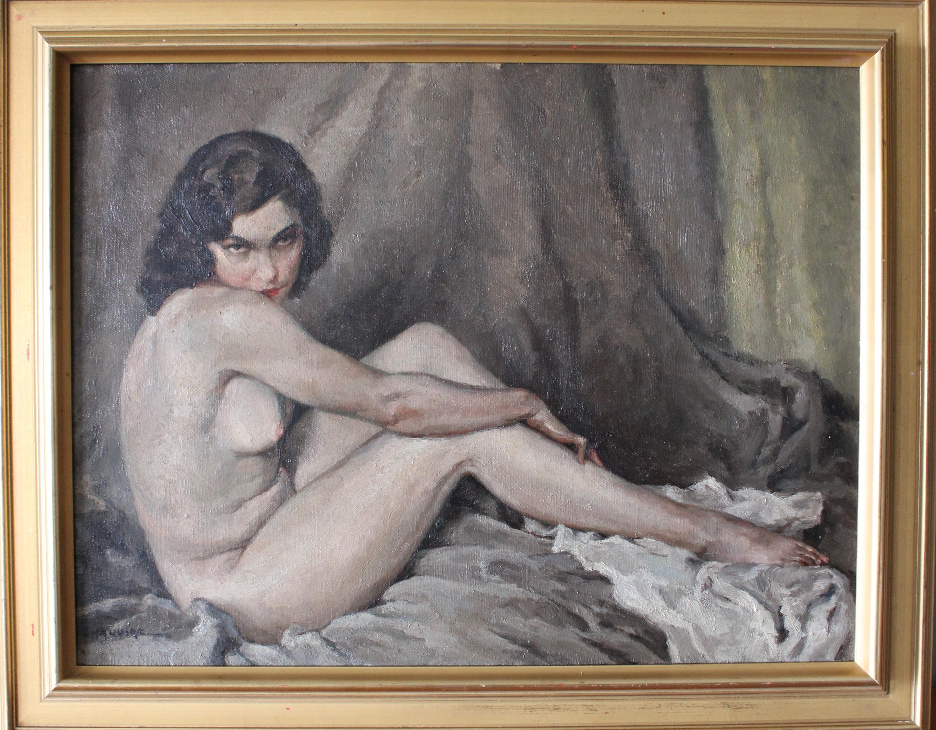 The most stunning antique sitting nude by French artist Ludovic Chauviac (1889-1978).   Atmospheric vintage nude portrait oil painting on canvas of a woman sitting, signed in the lower left, framed.  The wonderful natural tones used by the artist as