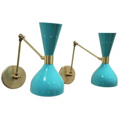 "Ludo" Wall-Mount Reading Lamp in Brass & Aqua Blue Enamel, Blueprint Lighting