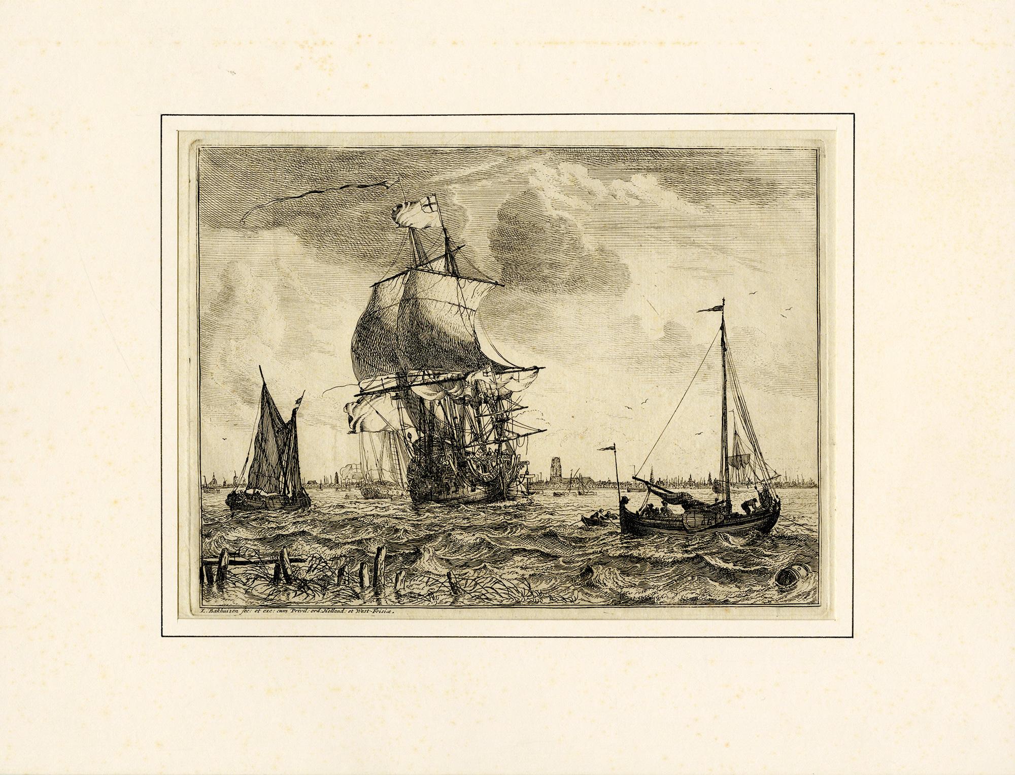Shipping on the Maas, Rotterdam in the background. - Print by Ludolf Backhuizen