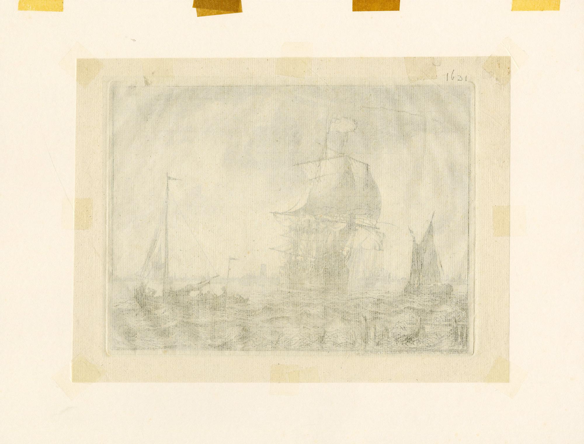 A beautiful 18th century nautical scene filled with movement and activity. 
One etching from the series of 10 lively nautical scenes entitled Seascapes. This image depicts four vessels, from left to right: spritsail-rigged inland vessel, an English