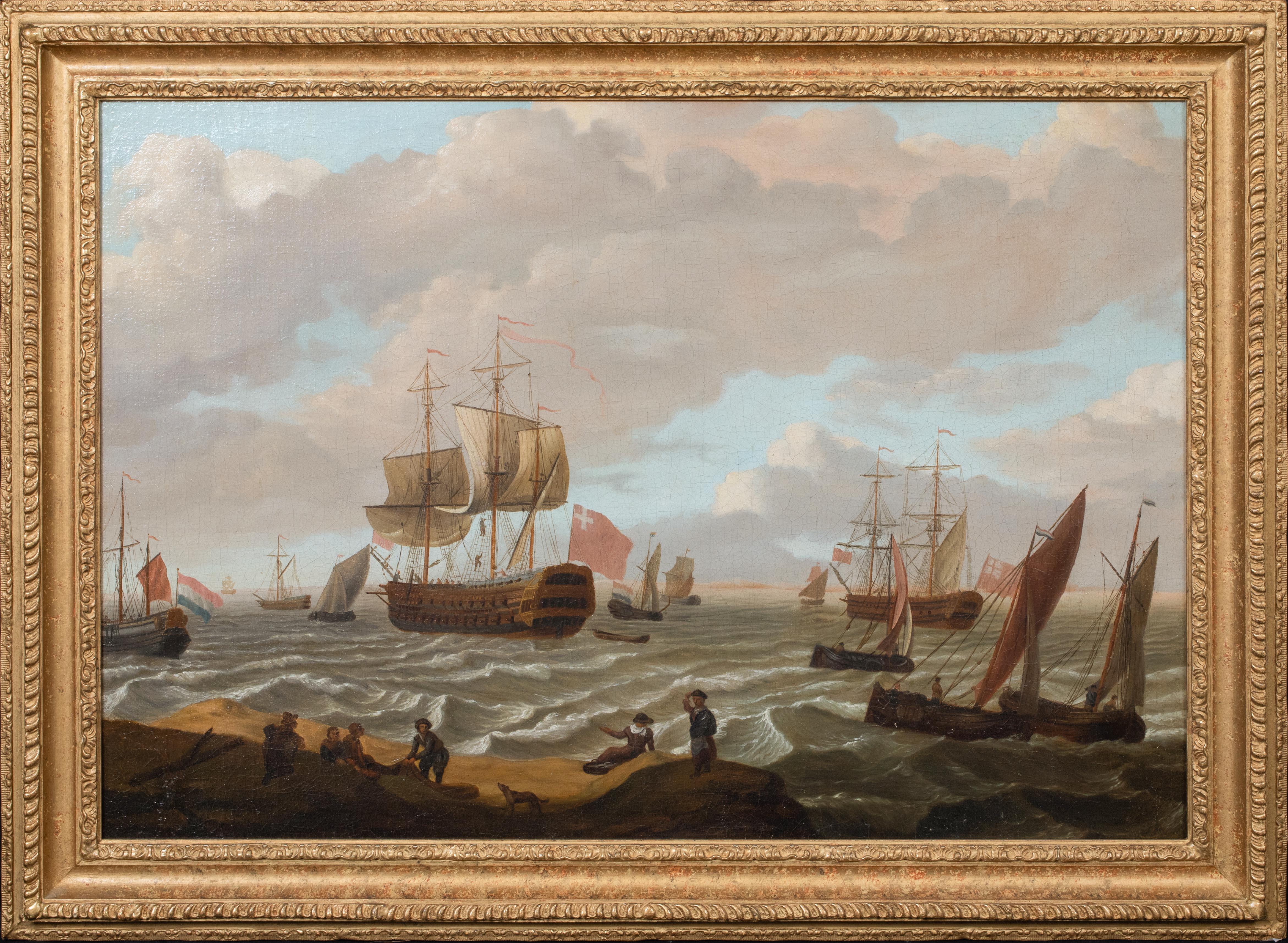 Dutch Fishing Boats & Naval Ships Offshore, 17th Century   - Painting by Ludolf Bakhuisen