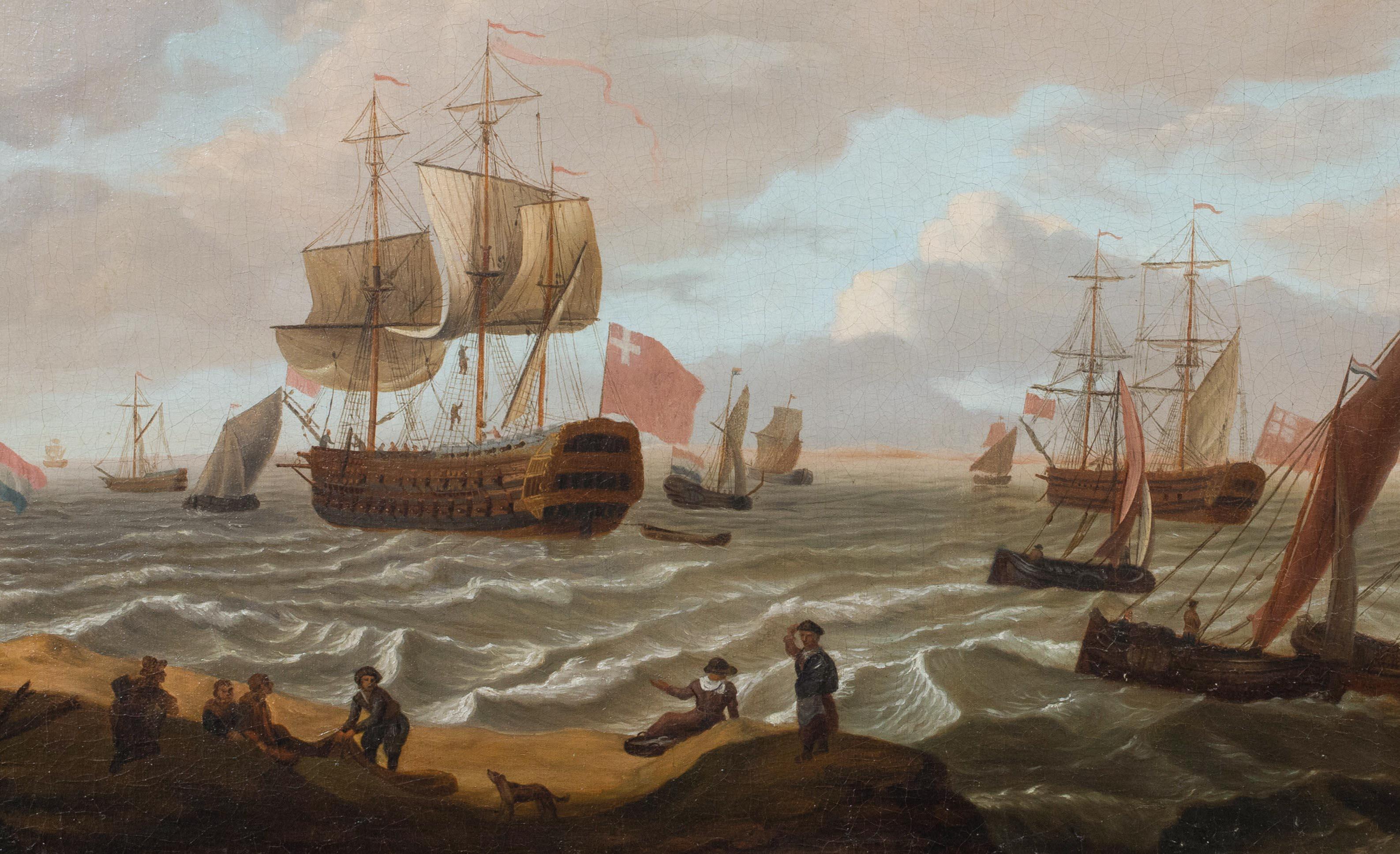 Dutch Fishing Boats & Naval Ships Offshore, 17th Century   - Gray Landscape Painting by Ludolf Bakhuisen