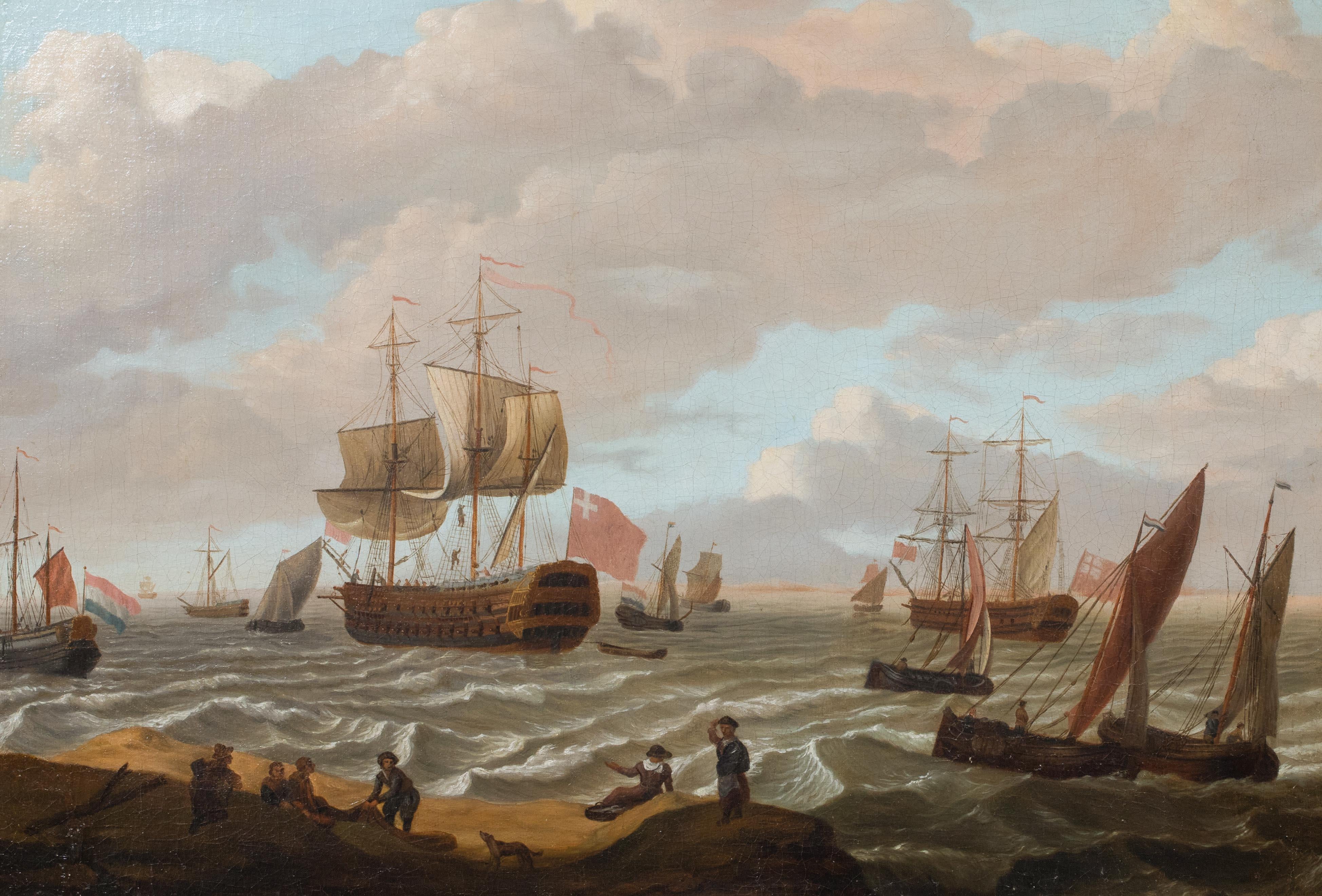 Ludolf Bakhuisen Landscape Painting - Dutch Fishing Boats & Naval Ships Offshore, 17th Century  