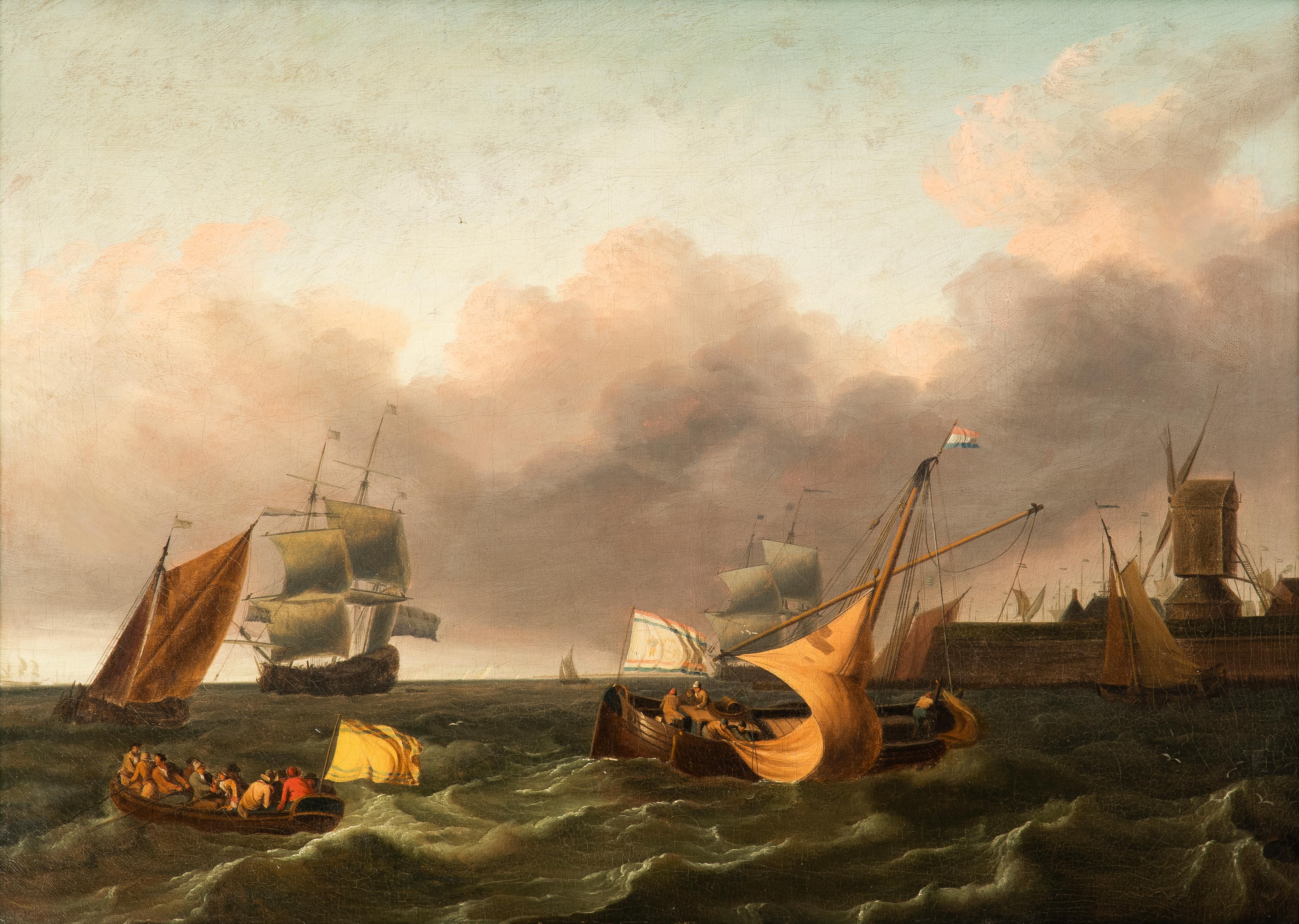 Dutch Coastal Vessels and a Merchantman Off a Harbour Mouth - Painting by Ludolf Bakhuisen