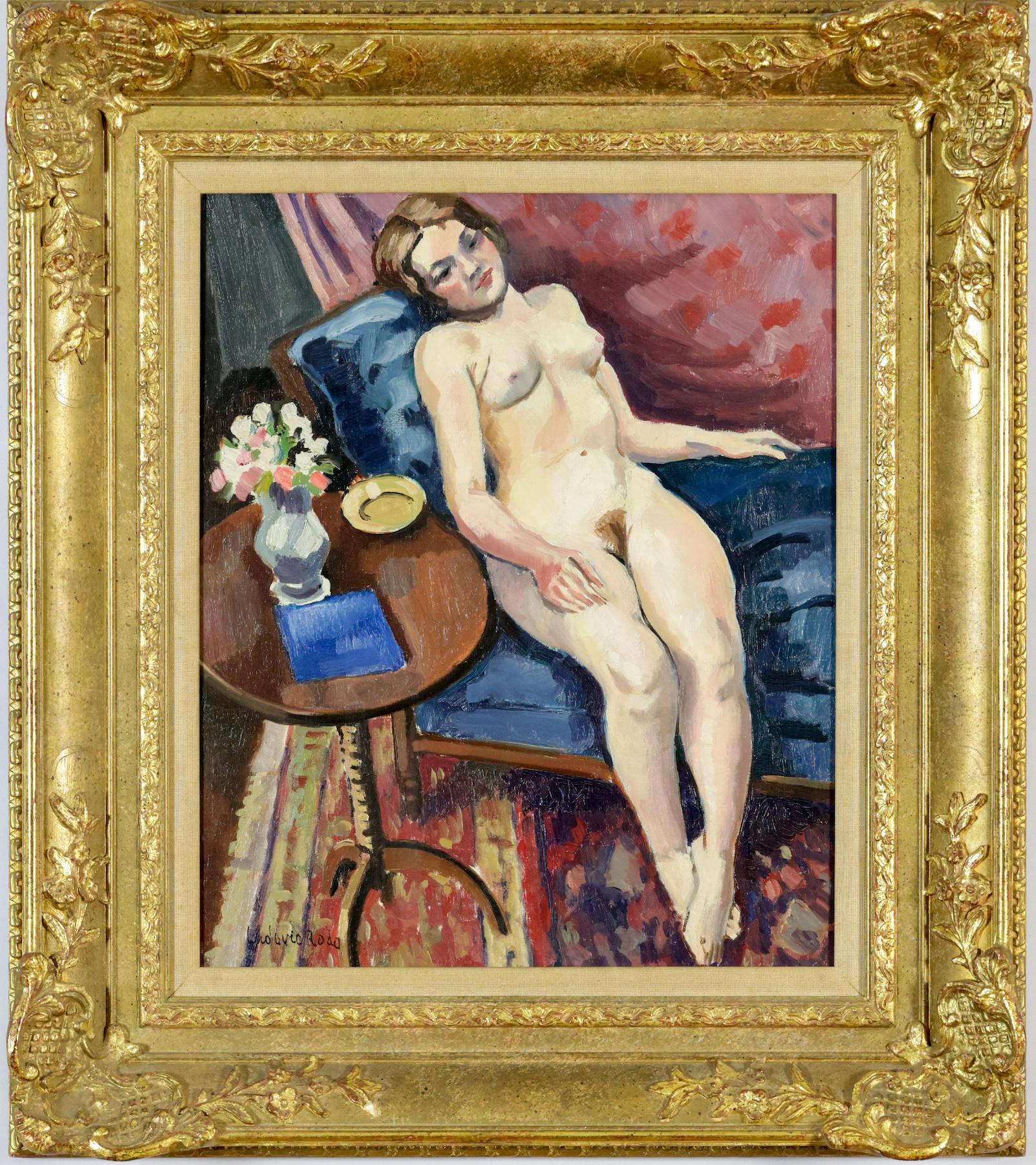 Nu au canapé bleu y Ludovic-Rodo Pissarro - Peinture de nu en vente 1