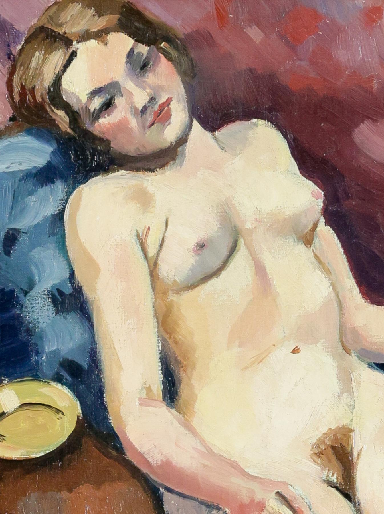 Nu au canapé bleu y Ludovic-Rodo Pissarro - Peinture de nu en vente 2