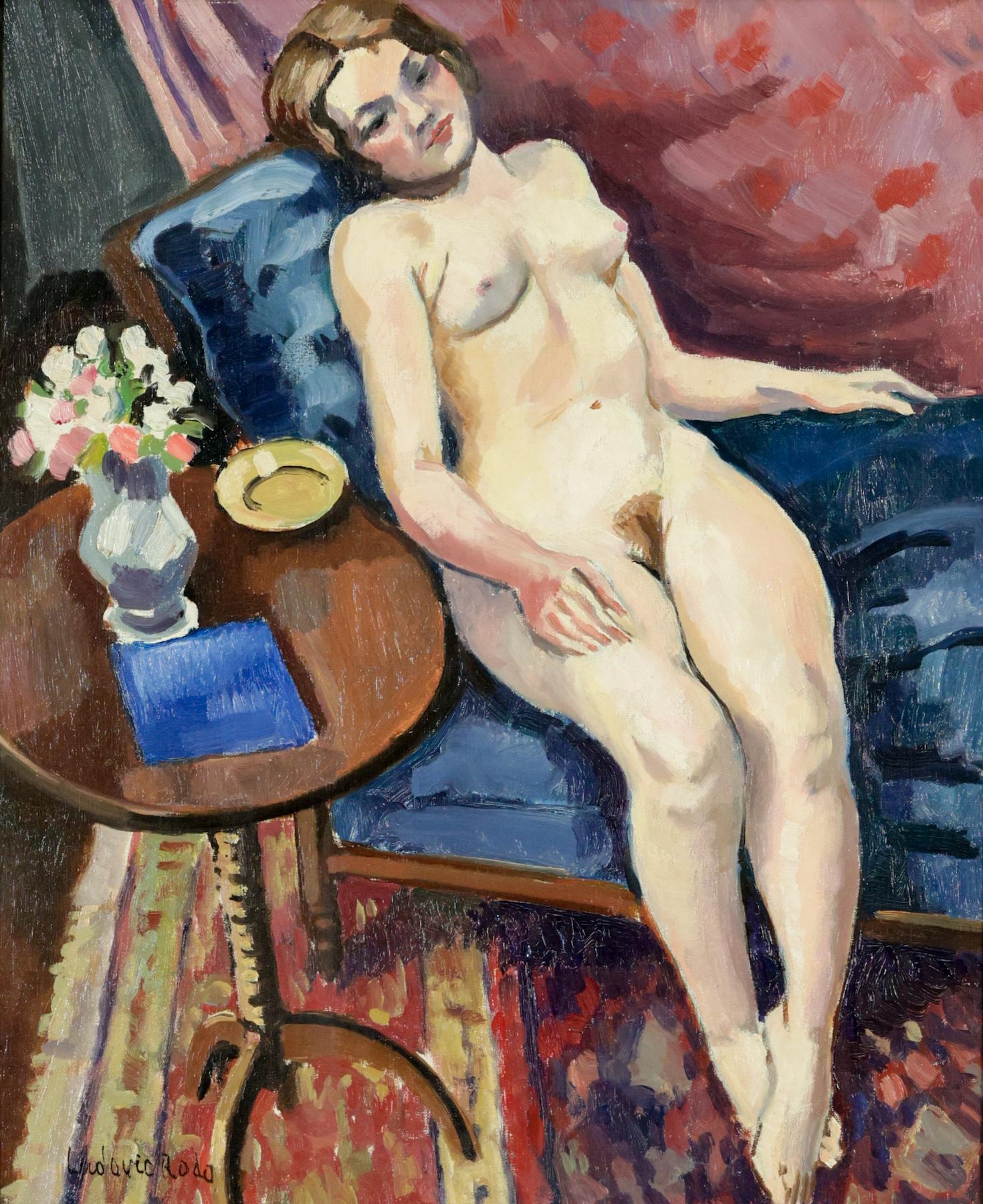 Nu au canapé bleu y Ludovic-Rodo Pissarro - Peinture de nu