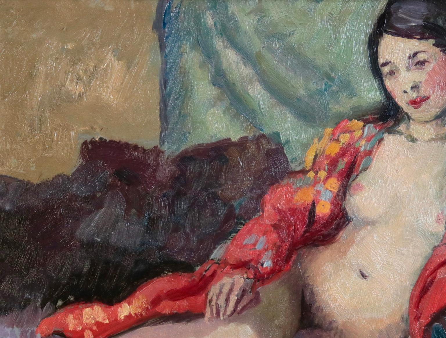 Nude on Bed - Post-Impressionist Oil, Woman in Interior by Ludovic-Rodo Pissarro 1