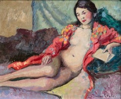 Nu sur un lit - Huile post-impressionniste:: Femme dans un intérieur par Ludovic-Rodo Pissarro