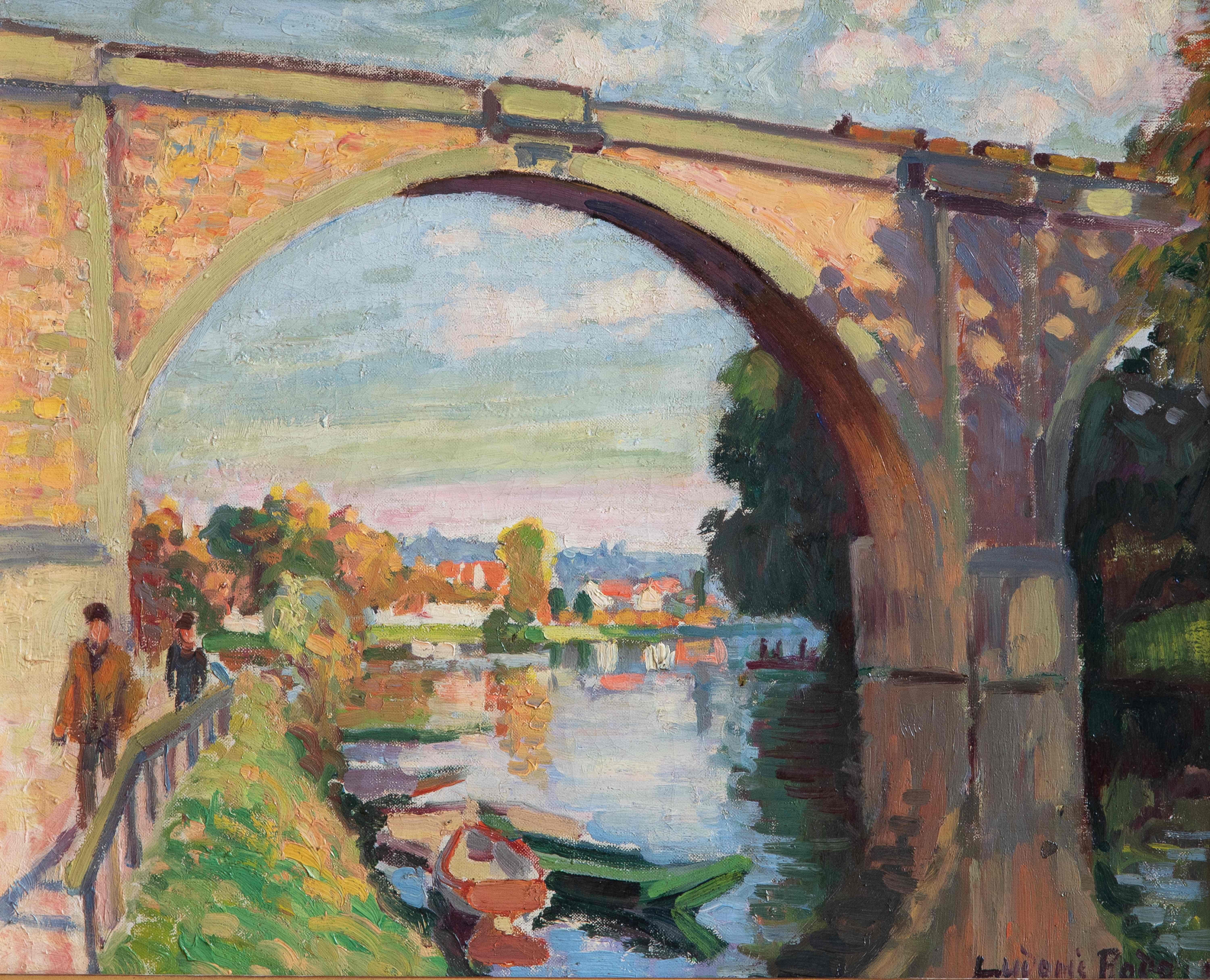 Eisenbahnbrücke über die Marne bei Joinville von Ludovic-Rodo Pissarro (1878-1952)
Öl auf Leinwand
33 x 41 cm (13 x 16 ¹/₈ Zoll)
Signiert unten rechts, Ludovic Rodo. 
Ausgeführt um 1905

Dieses Werk wird von einem Echtheitszertifikat von Lélia