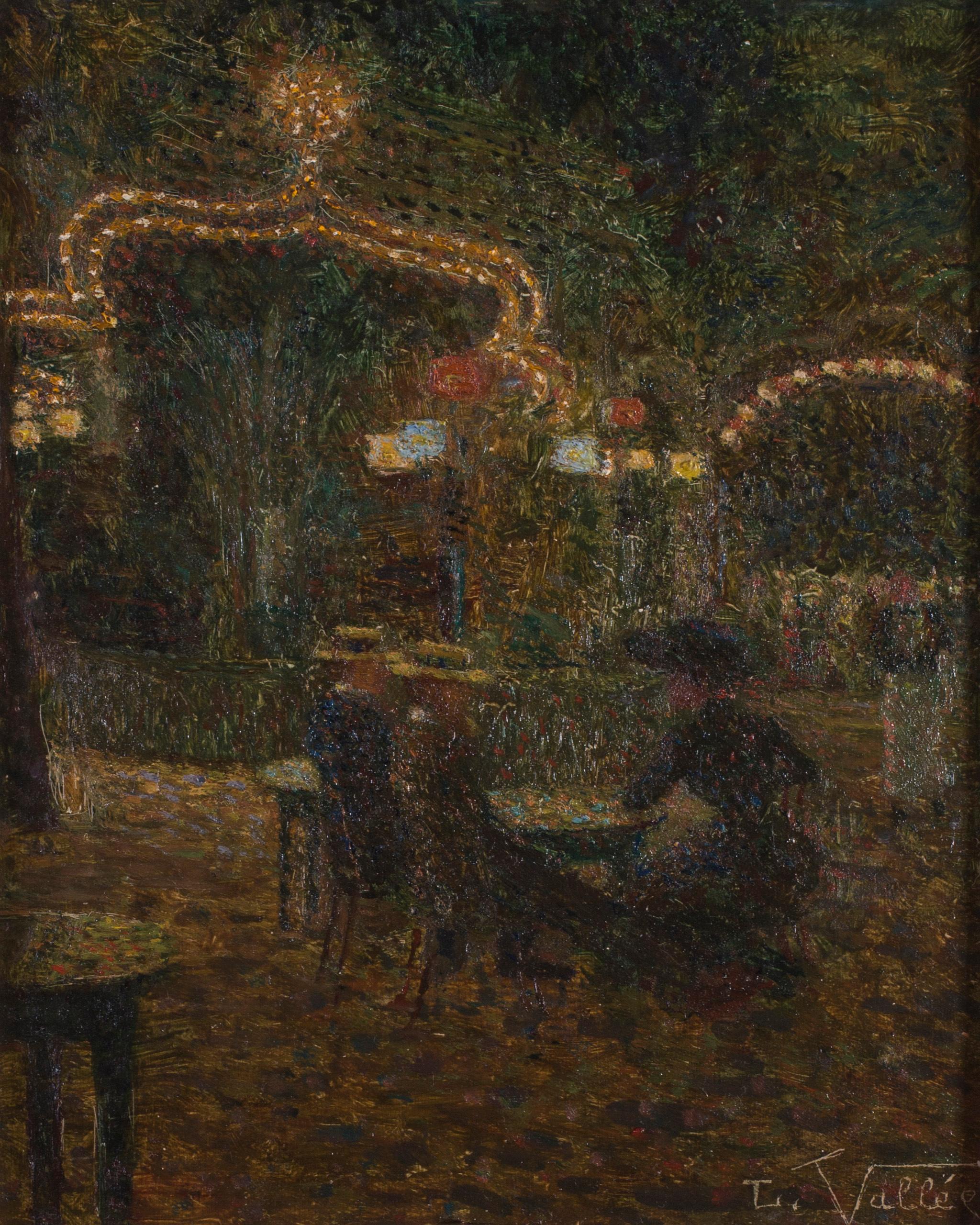 Ludovic Vallee (French 1864 – 1939)
Soiree a la guinguette
Signed ‘L Valle’ (lower right)
Oil on board
27 x 22 cm.

It has an inscription on the reverse dedicated to ‘Mr and Mrs Luisette on the occasion of their marriage’  25th February 1933.  
Le