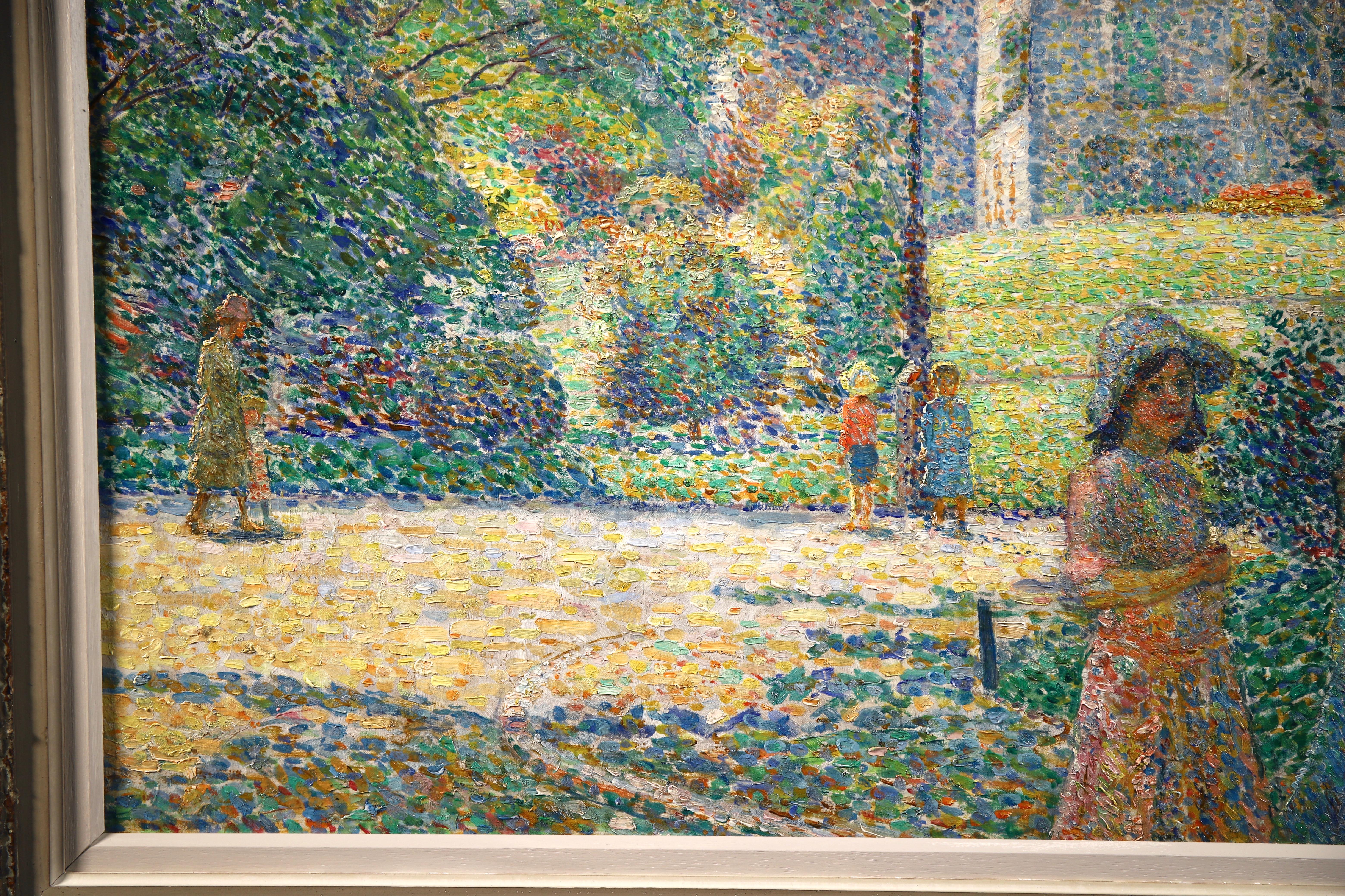 A beautiful pointillist oil on canvas circa 1910 by French painter Ludovic Vallee. The work depicts Isabelle and Irene Obidzinski, in front of the Observatoire de Montsouris, Parc Montsouris - Paris. The Observatoire De Montsouris was commissioned