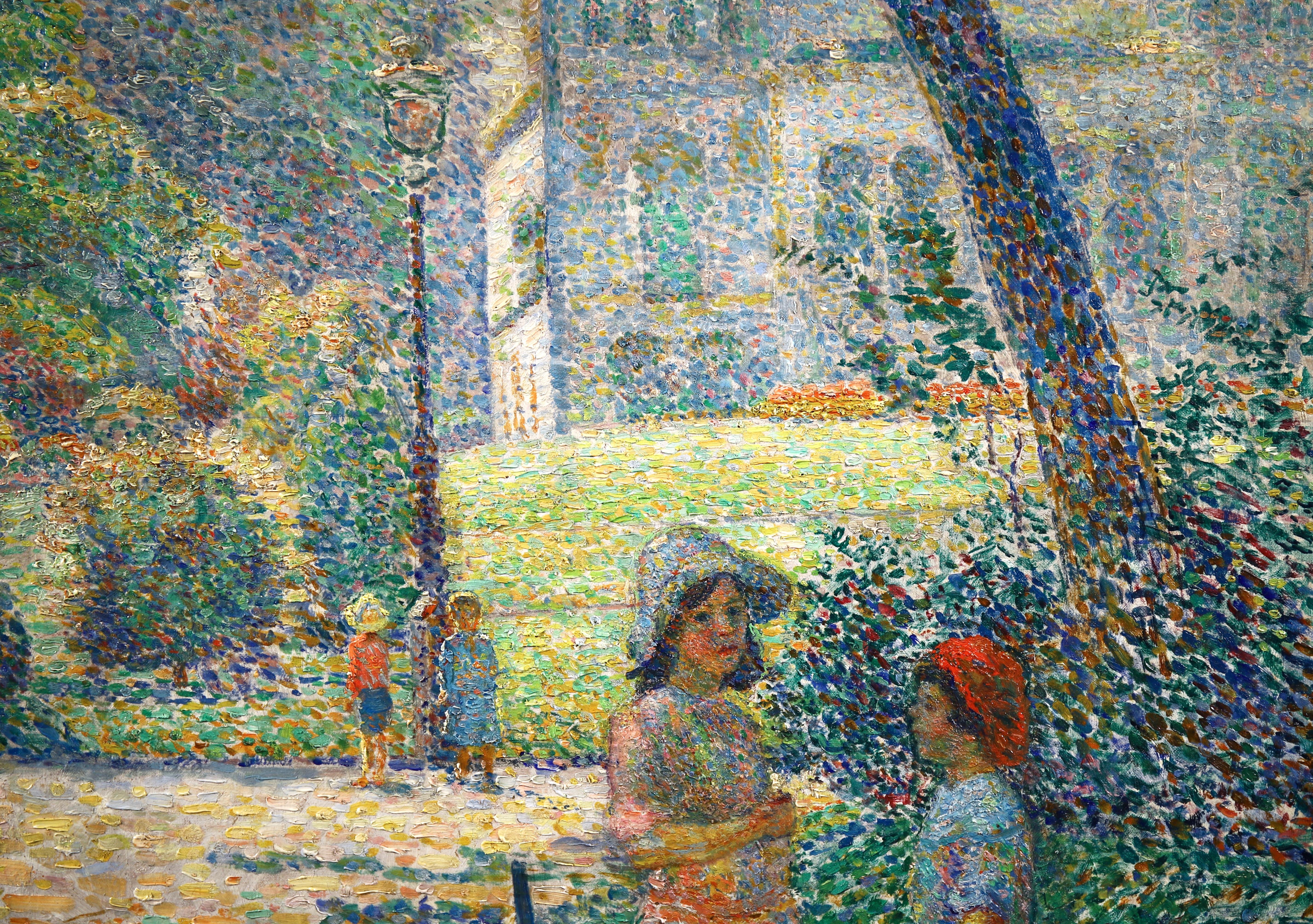 Le Parc Montsouris - Au Matin - Pointillist Oil, Figures in Landscape - L Vallee 2