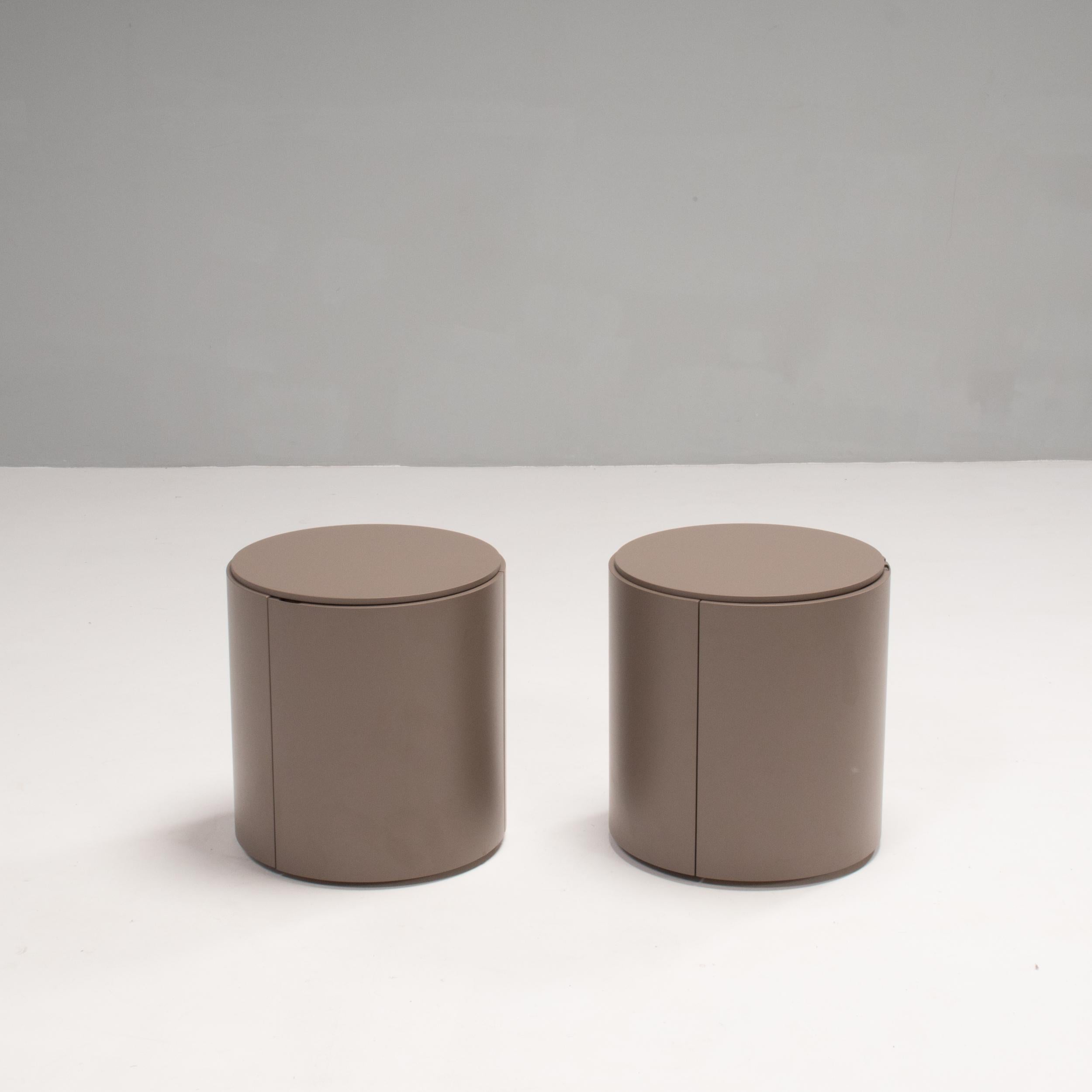 Originally designed by Ludovica and Roberto Palomba for Lema in 1999, the TOP bedside table is a fantastic example of modern design.

The cylindrical shape offers a seamless look with a taupe matte lacquered finish, while the curved door opens to