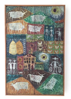 Ludovico Assirelli Rural Landscape Painting on Tile Panel, Italian, 1957