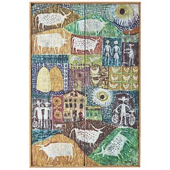 Ludovico Assirelli Rural Landscape Painting on Tile Panel, Italian, 1957