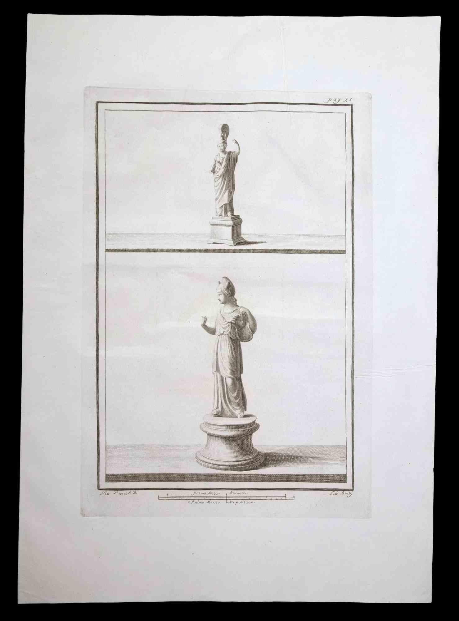 Ludovico Boily Figurative Print - Athena Goddess, Ancient Roman Statue - Etching on Paper - 18th Century