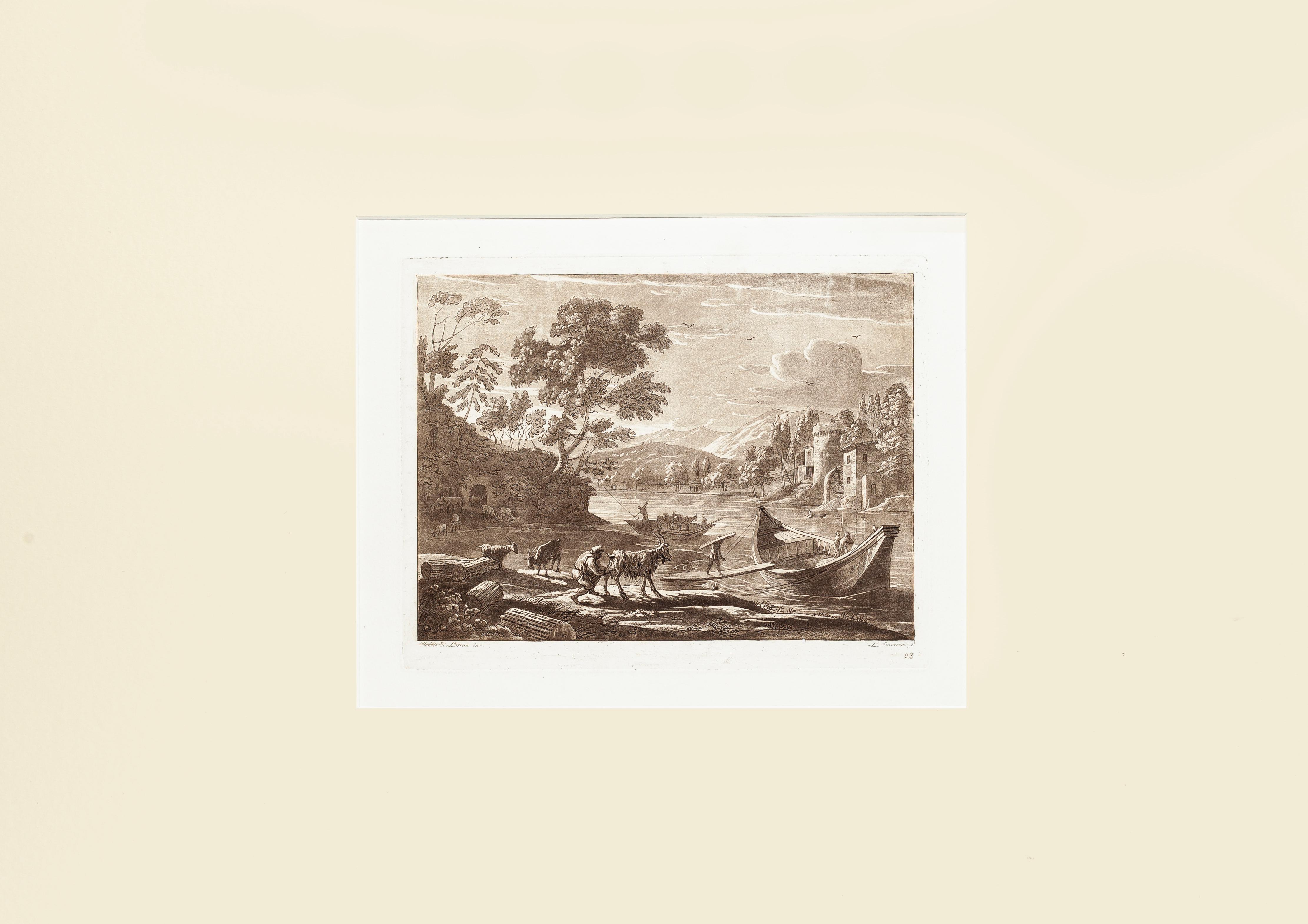 Landscape from Liber Veritatis - B/W Etching after Claude Lorrain - 1815 - Print by Ludovico Caracciolo
