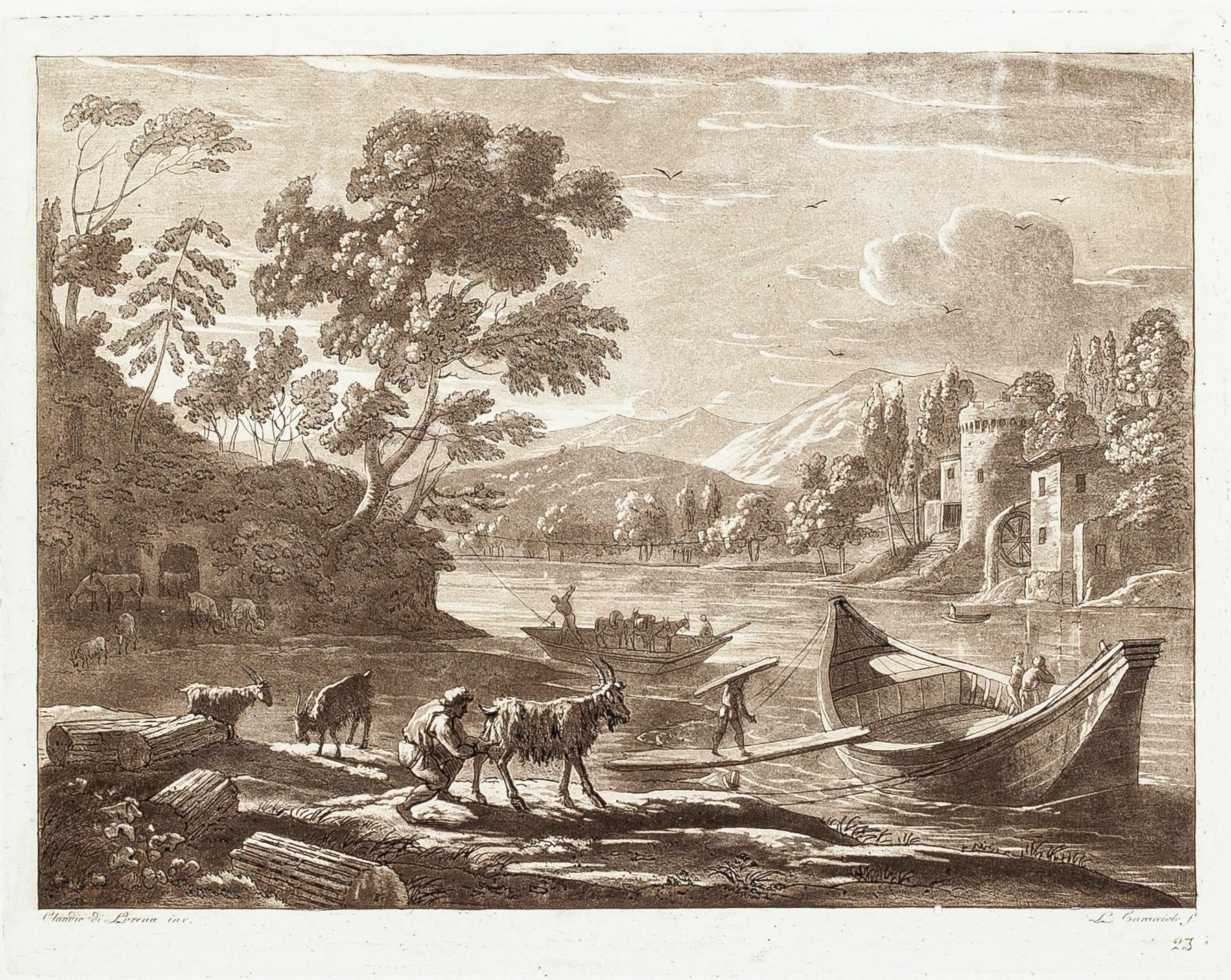 Ludovico Caracciolo Figurative Print - Landscape from Liber Veritatis - B/W Etching after Claude Lorrain - 1815