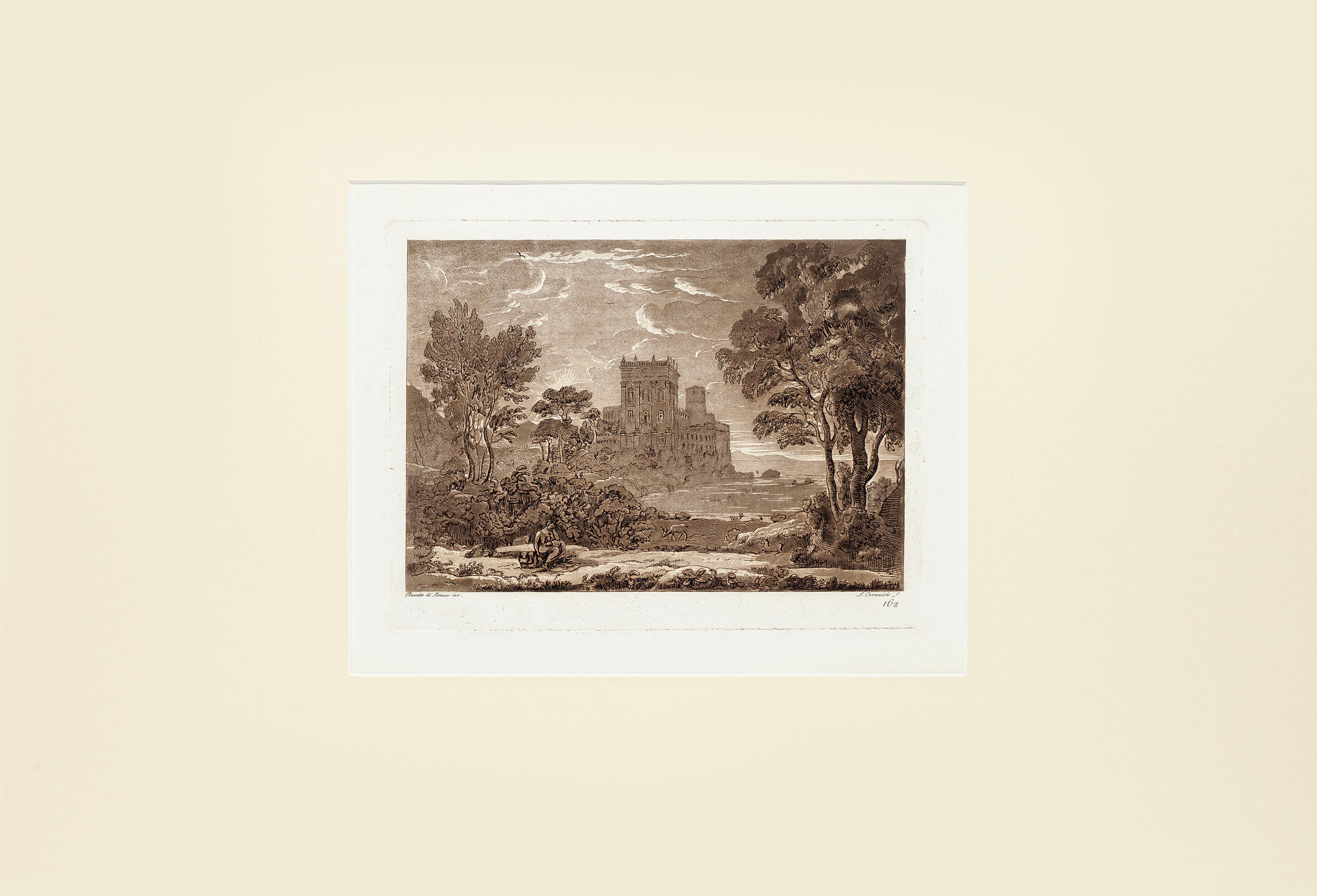Paysage de Liber Veritatis - Eau-forte originale B/W d'après Claude Lorrain - 1815 - Print de Ludovico Caracciolo