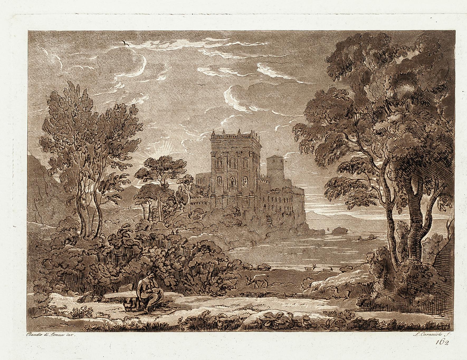 Paesaggio daLiber Veritatis - Incisione originale in bianco e nero dopo Claude Lorrain - 1815