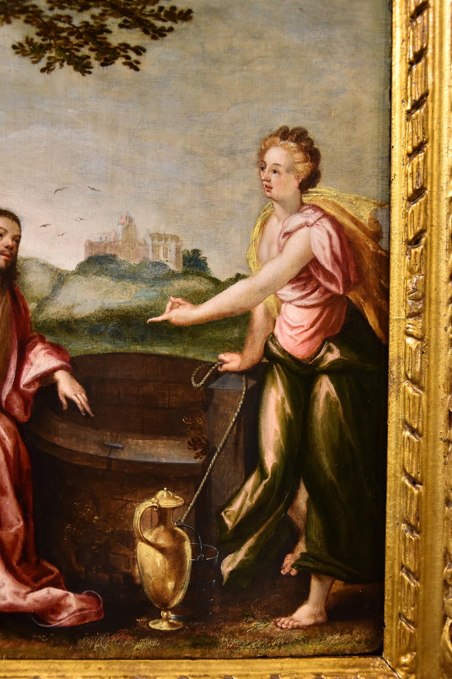 Le Christ et la Samaritaine au puits
Attribuable à Ludovico Pozzoserrato (Anvers vers 1550 - Trévise 1605)

Huile sur la table
37 x 27 cm, dans un cadre 52 x 42 cm.

Le sujet illustré dans cette peinture raffinée est tiré de l'Évangile de Jean (4,