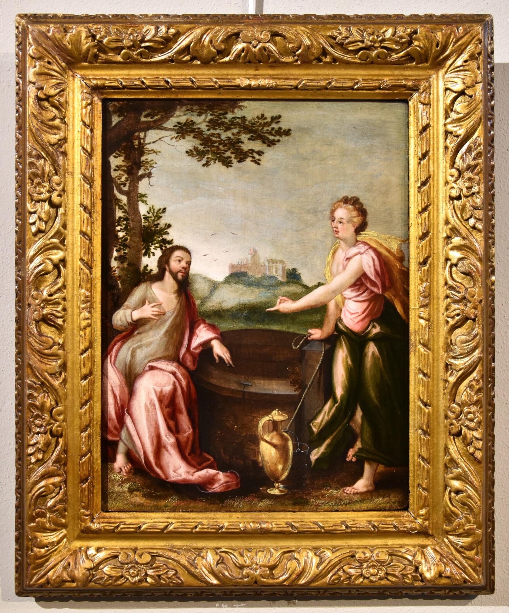 Landscape Painting Ludovico Pozzoserrato (Antwerp circa 1550 - Treviso 1605) - Christ Samaritaine Peinture de Pozzoserrato Huile sur table 17e siècle Ancien maître