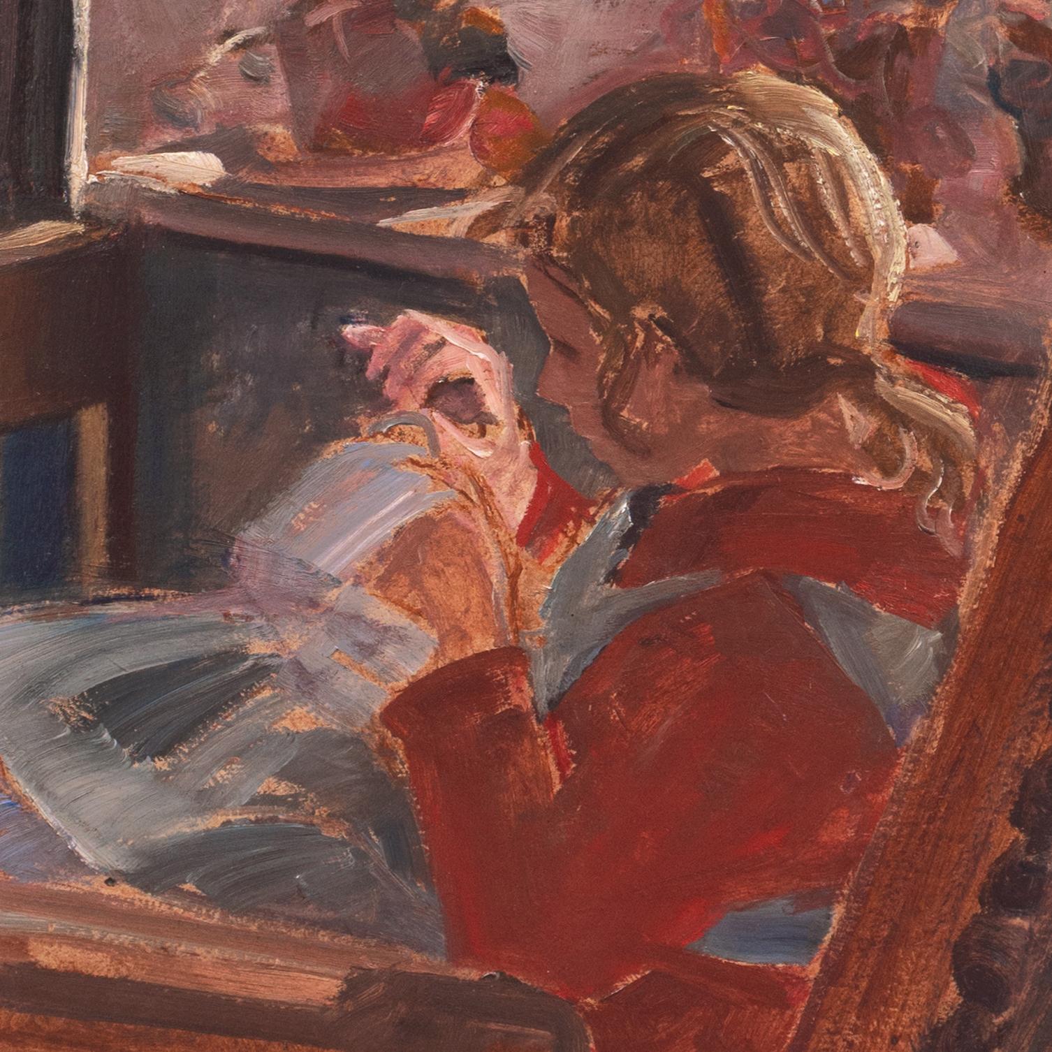 'Young Girl Sewing' Paris, Universal Exposition, Danish Oil, Pont Aven, Brittany - Impressionist Painting by  Ludvig Find