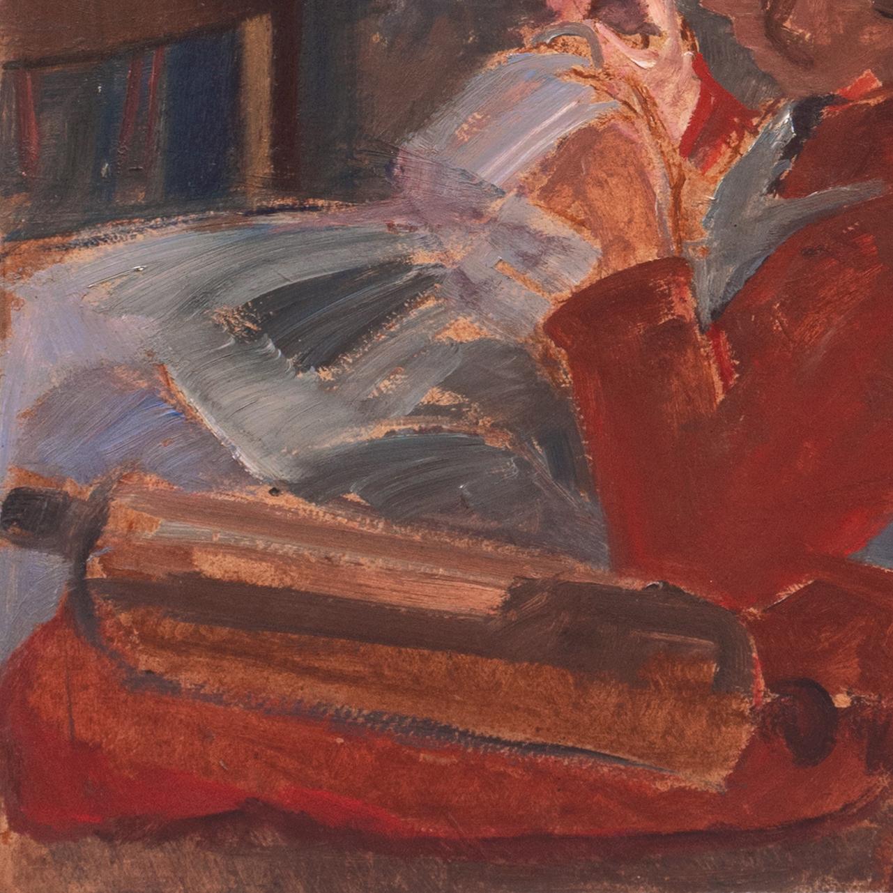 'Young Girl Sewing' Paris, Universal Exposition, Danish Oil, Pont Aven, Brittany - Brown Interior Painting by  Ludvig Find