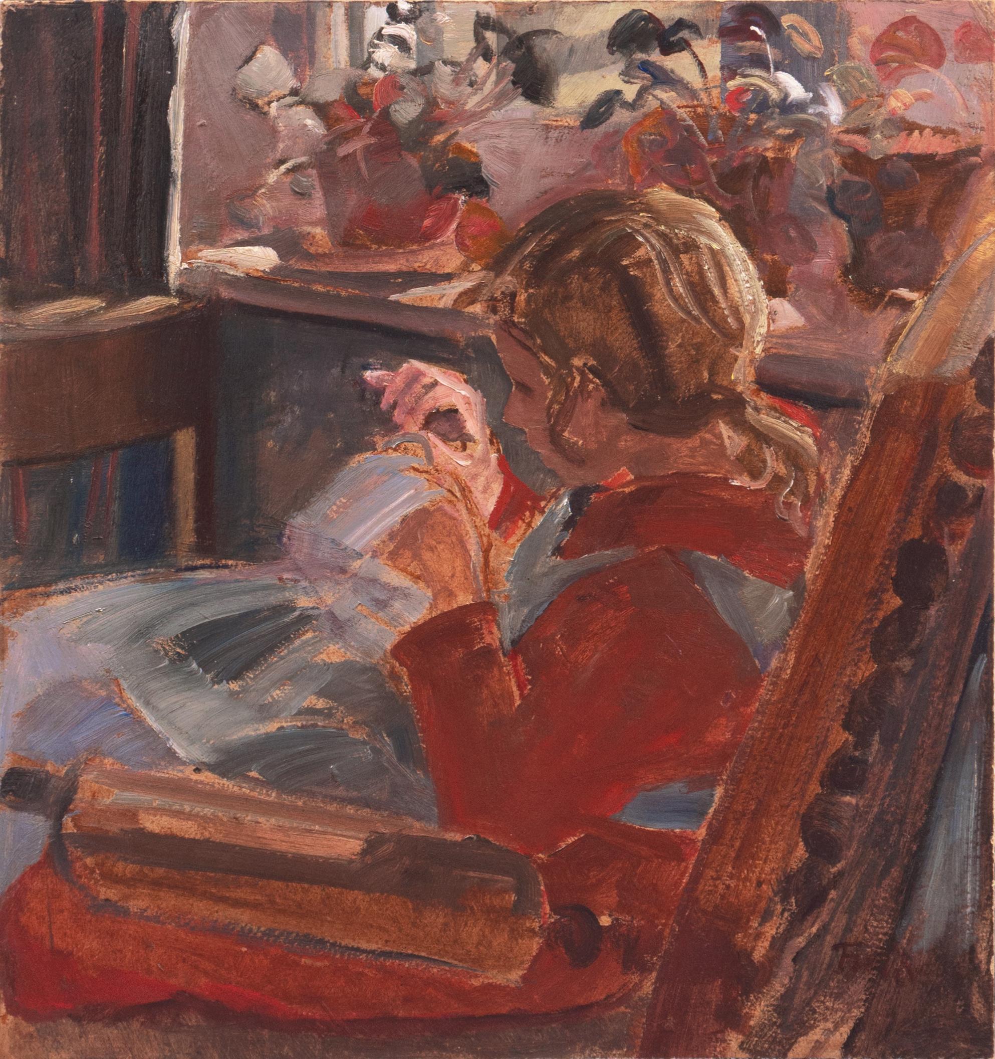 Giovane ragazza che cuce" Parigi, Esposizione Universale, olio danese, Pont Aven, Bretagna