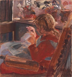 Giovane ragazza che cuce" Parigi, Esposizione Universale, olio danese, Pont Aven, Bretagna
