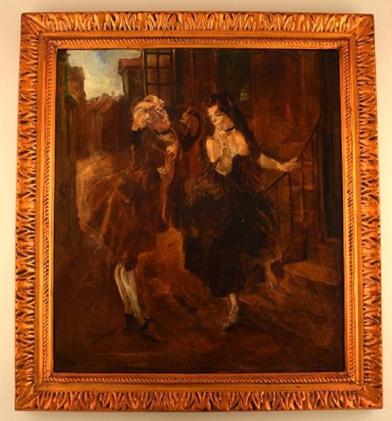 Ludvig Jacobsen b. Odense 1890, d. Vanløse 1957. After Ludvig Holberg scene. Oil on canvas. Suitor in rococo robes, 1930s.
In very good condition.
Signed.
The canvas measures: 60 x 53 cm.
The frame measures: 7 cm.