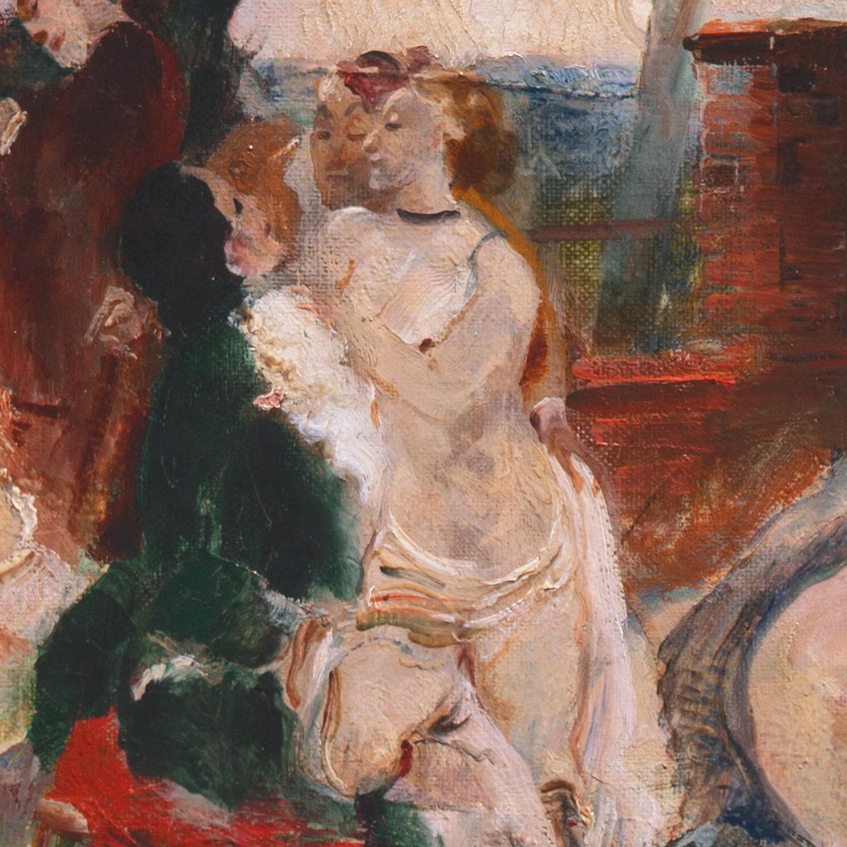 Signed lower right, 'Ludvig Jacobsen' (Danish, 1890-1957) and dated 1926.

An exceptional early twentieth-century figural work by this notable Danish modernist and follower of Watteau and Delacroix. This exquisite treatment of an intimate tryst is a