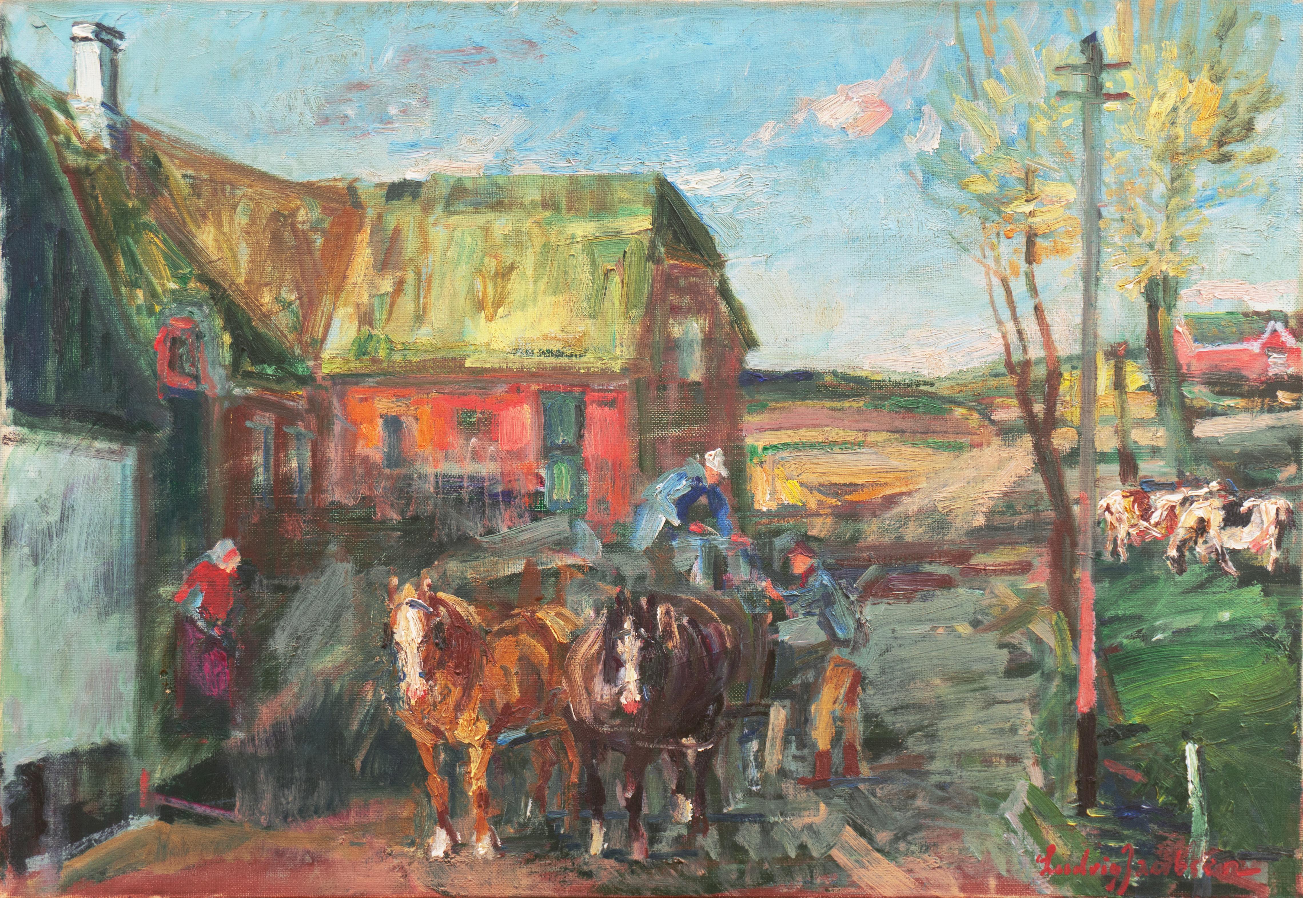 Ludvig Jacobsen Landscape Painting – „Rural Farm Scene“, Postimpressionist, Pariser Salon, Royal Academy, Benezit