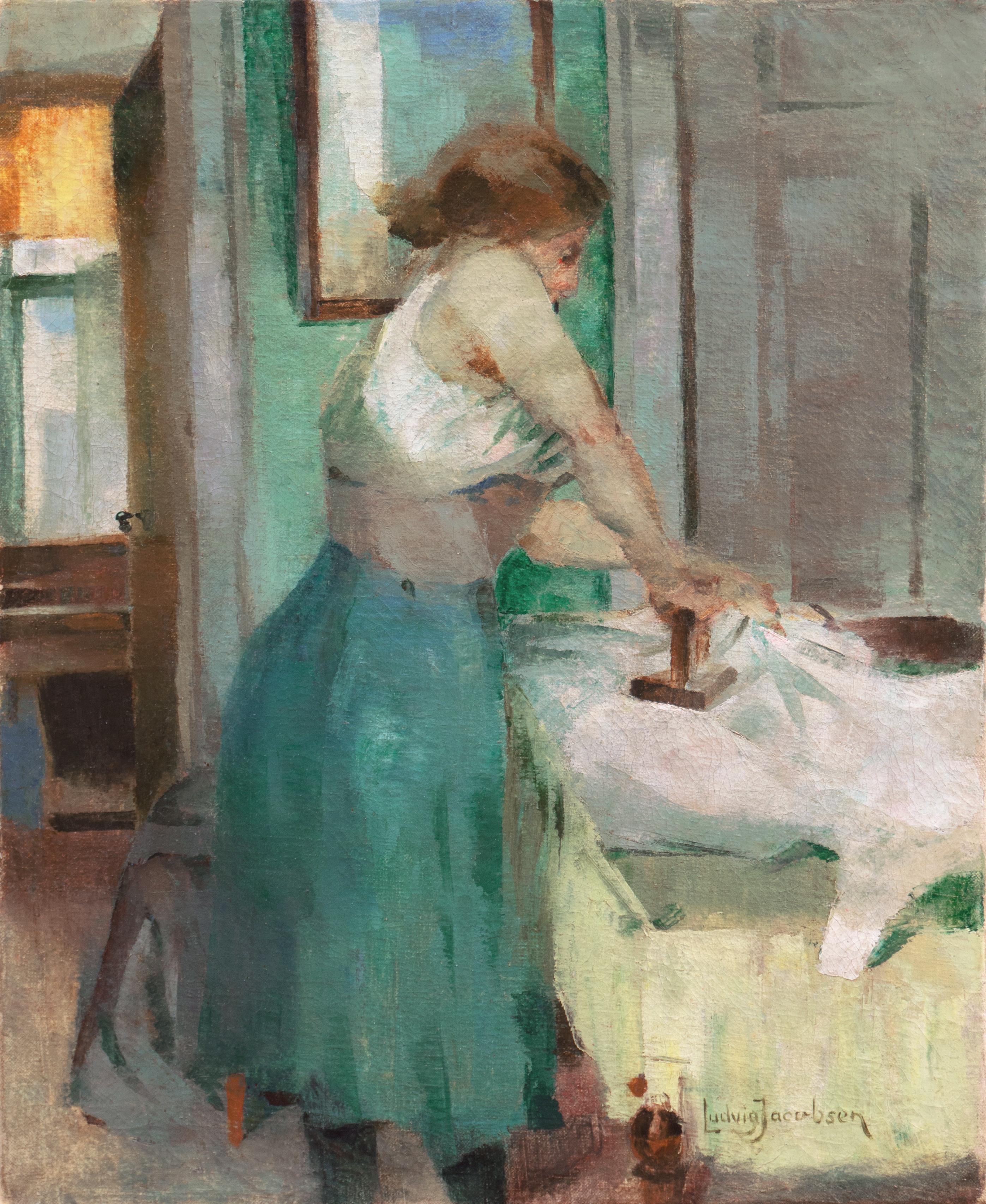 Donna che stira, Salone Modernista di Parigi, Accademia Reale, Charlottenborg, Benezit - Painting di Ludvig Jacobsen