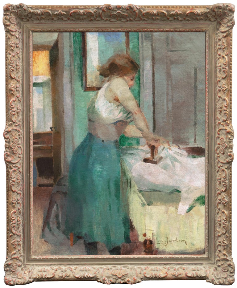 Ludvig Jacobsen Figurative Painting - 'Woman Ironing', Paris Salon Modernist, Royal Academy, Charlottenborg, Benezit