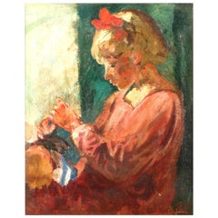 Ada Playing With A Doll, 1930s Post-Impressionist Oil on Linen