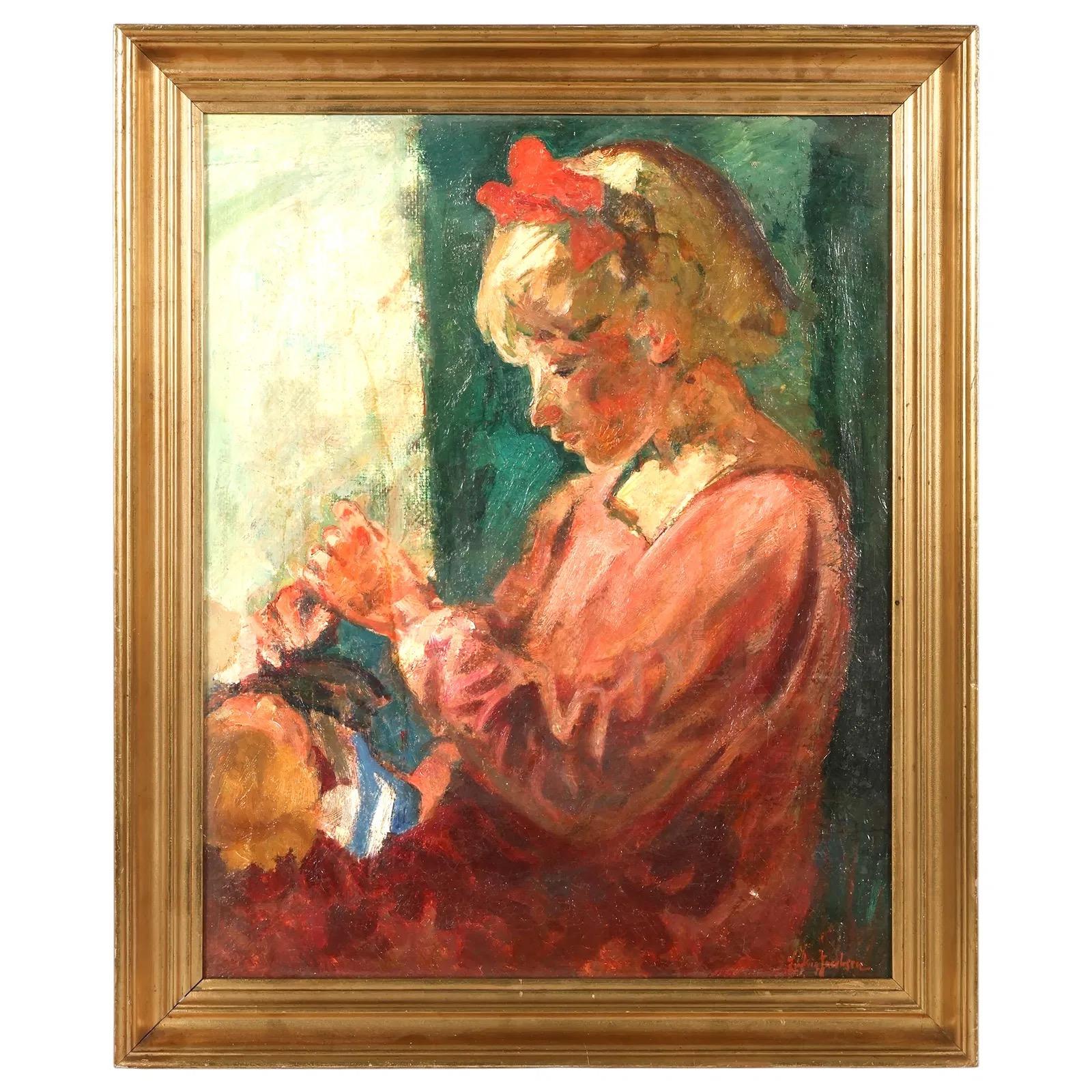 Ludvig Jacobsen  Figurative Painting - Girl With A Doll, 1930s Post-Impressionist Oil on Linen