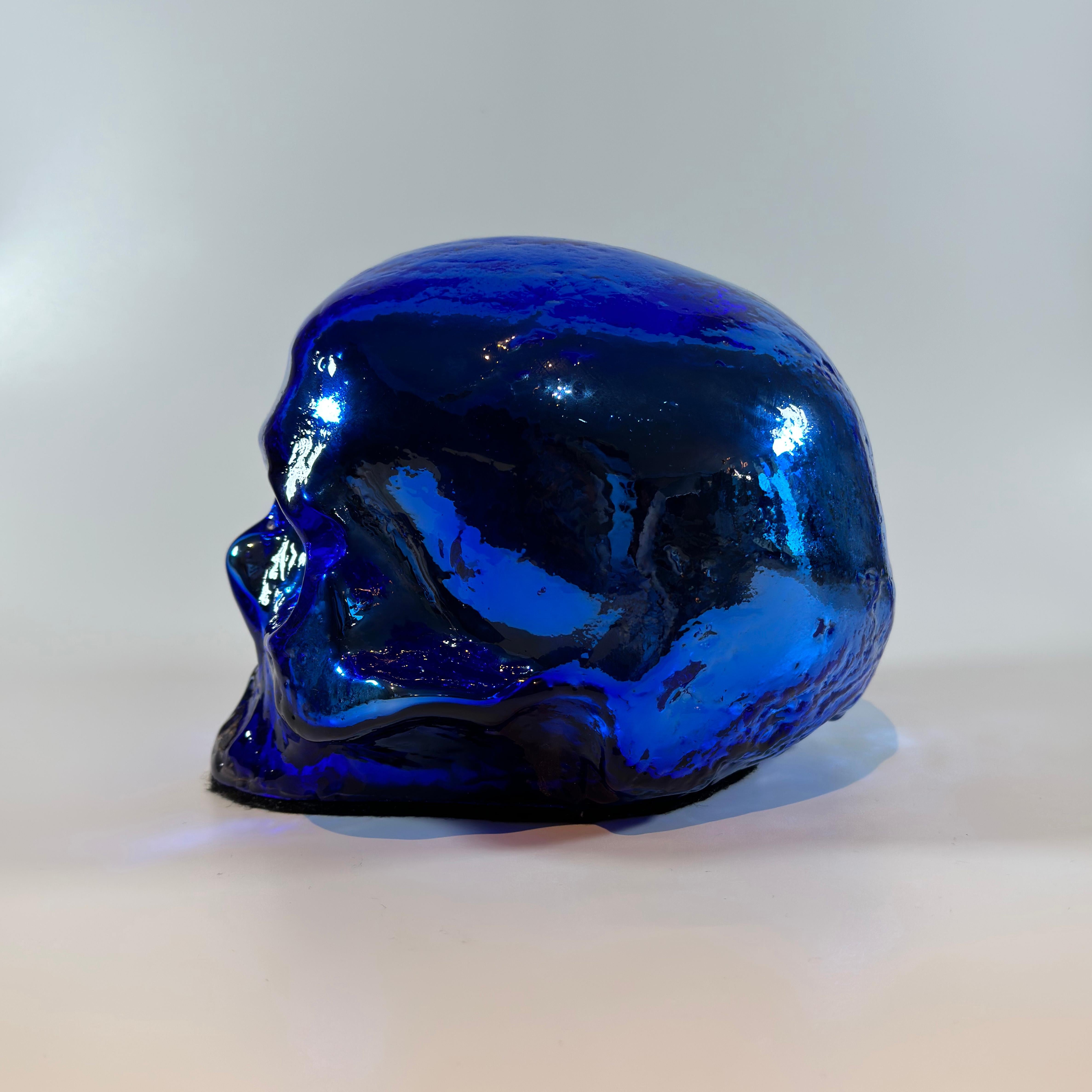 Cast Blue Glass Skull Ornament Ludvig Lofgren for Kosta Boda - Limited Edition Signed