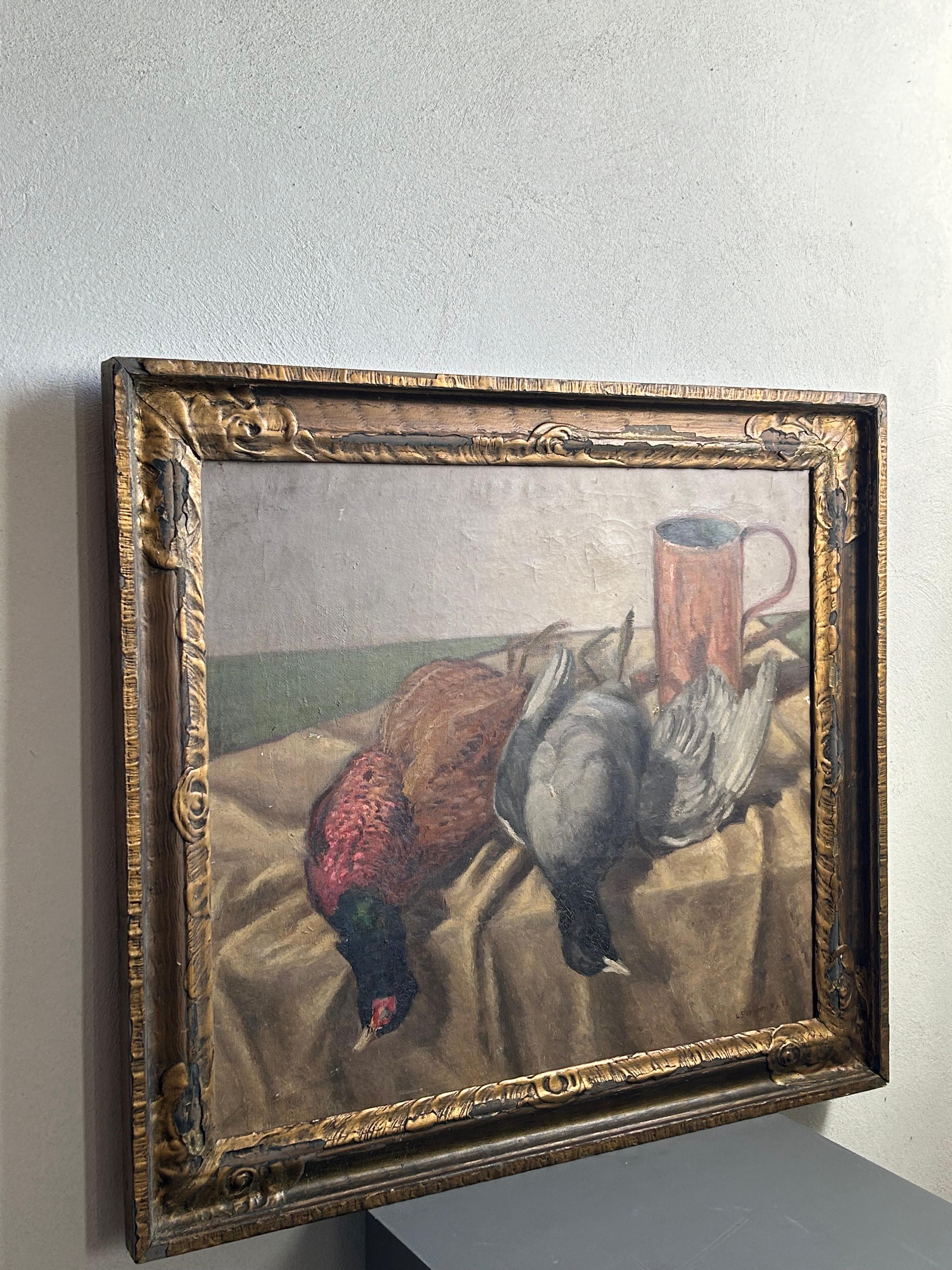 Ludvig Steensen (1882-1958) - Stillleben mit Wildvögeln und Becher, Dänemark 1928 (Vergoldet) im Angebot