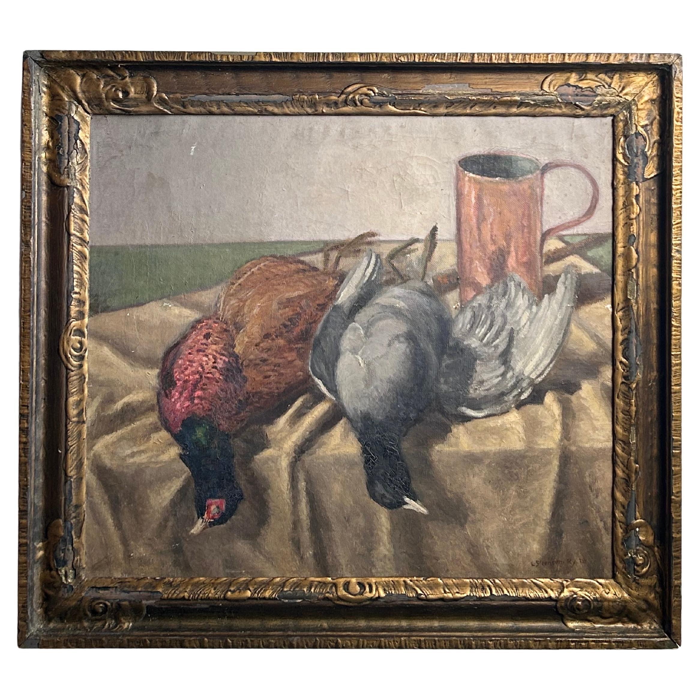 Ludvig Steensen (1882-1958) - Natura morta con uccelli da caccia e boccale, Danimarca 1928