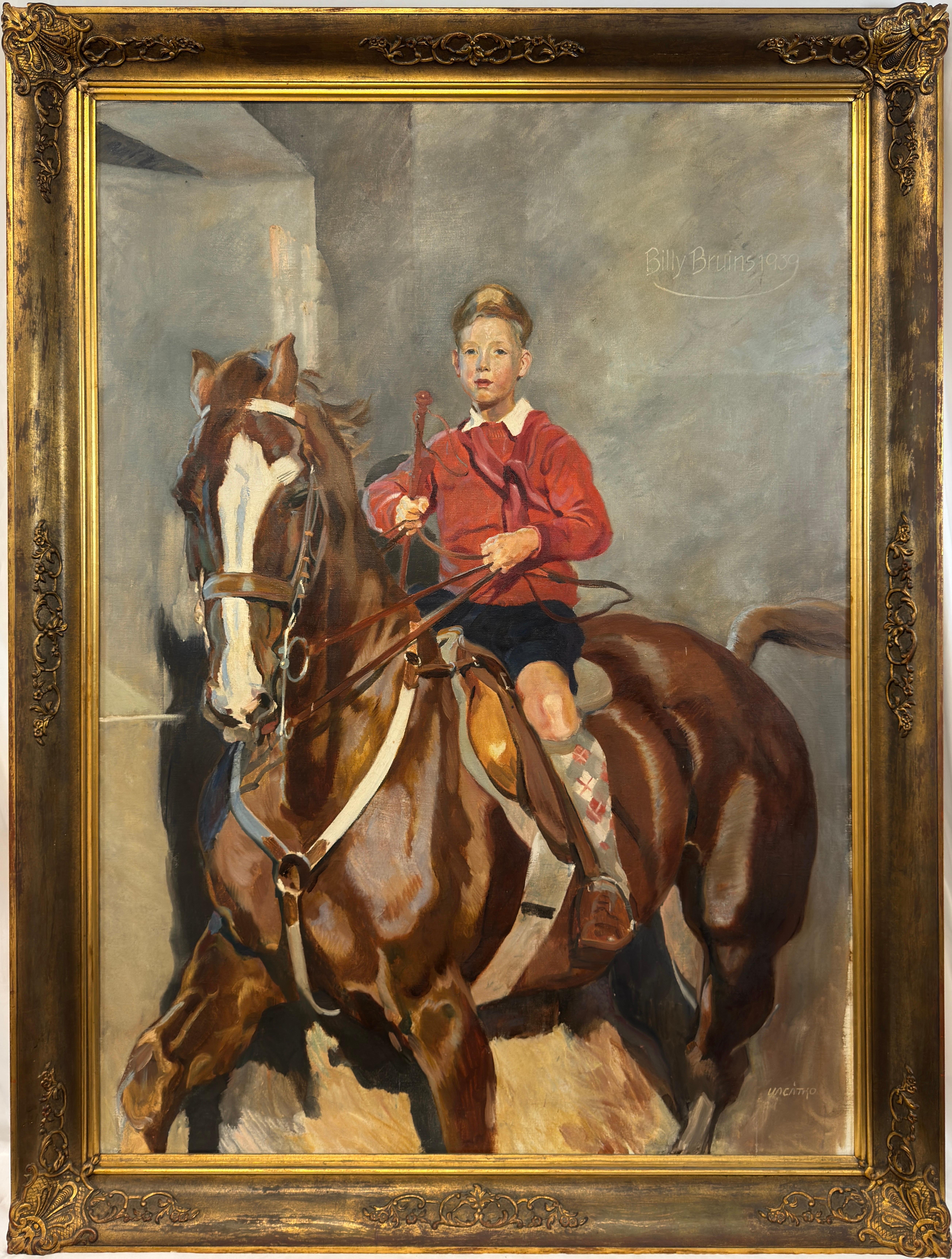 About this work:
“Billy Bruins” (1939) by Ludvík Vacátko (1873-1956).

A grand, wonderfully theatrical equestrian portrait by the renowned horse painter, Ludvik Vacatko. This work showcases a young boy seated proudly astride a handsome chestnut