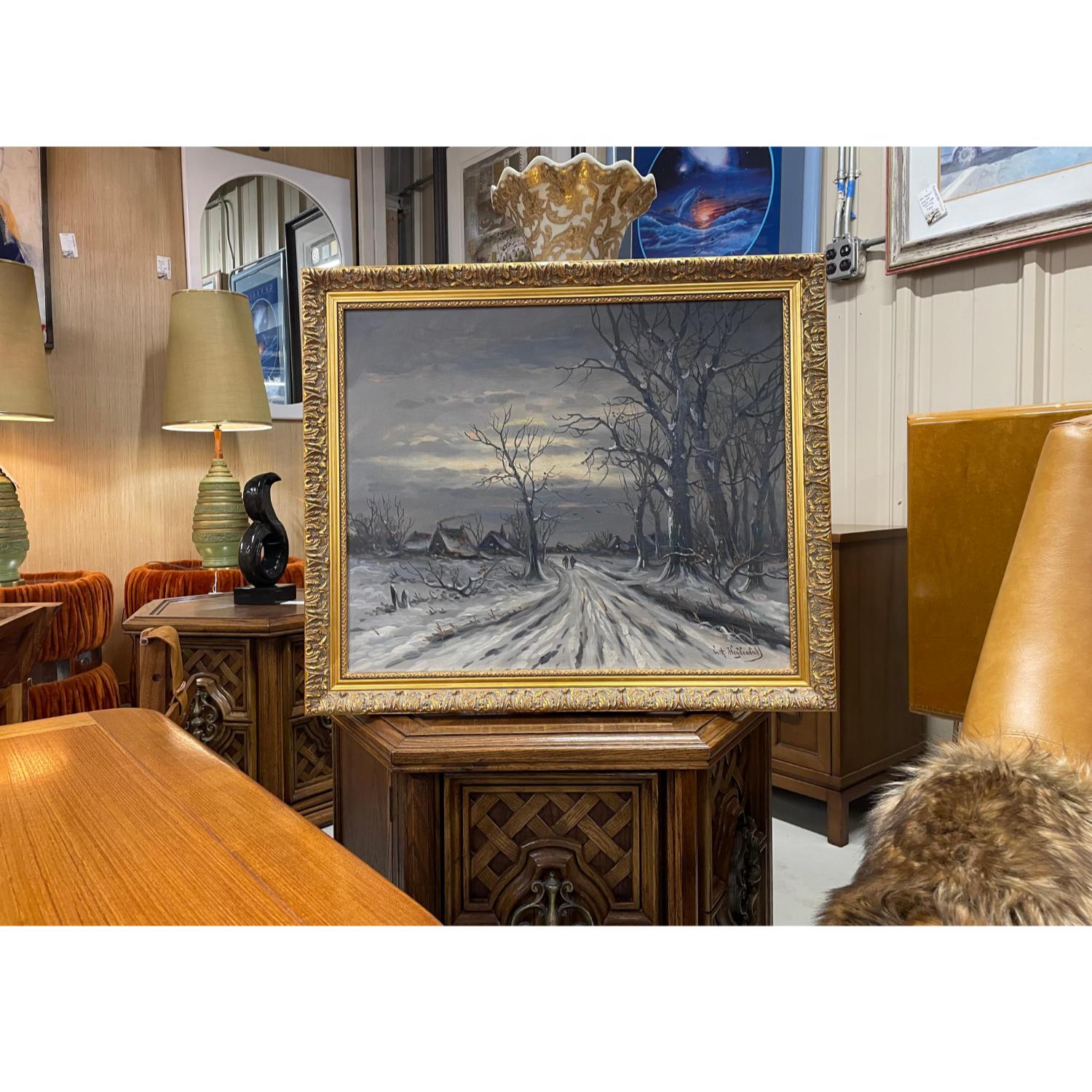 Wood Ludwig August Heydendahl German Artist Winter Landscape Oil Painting For Sale