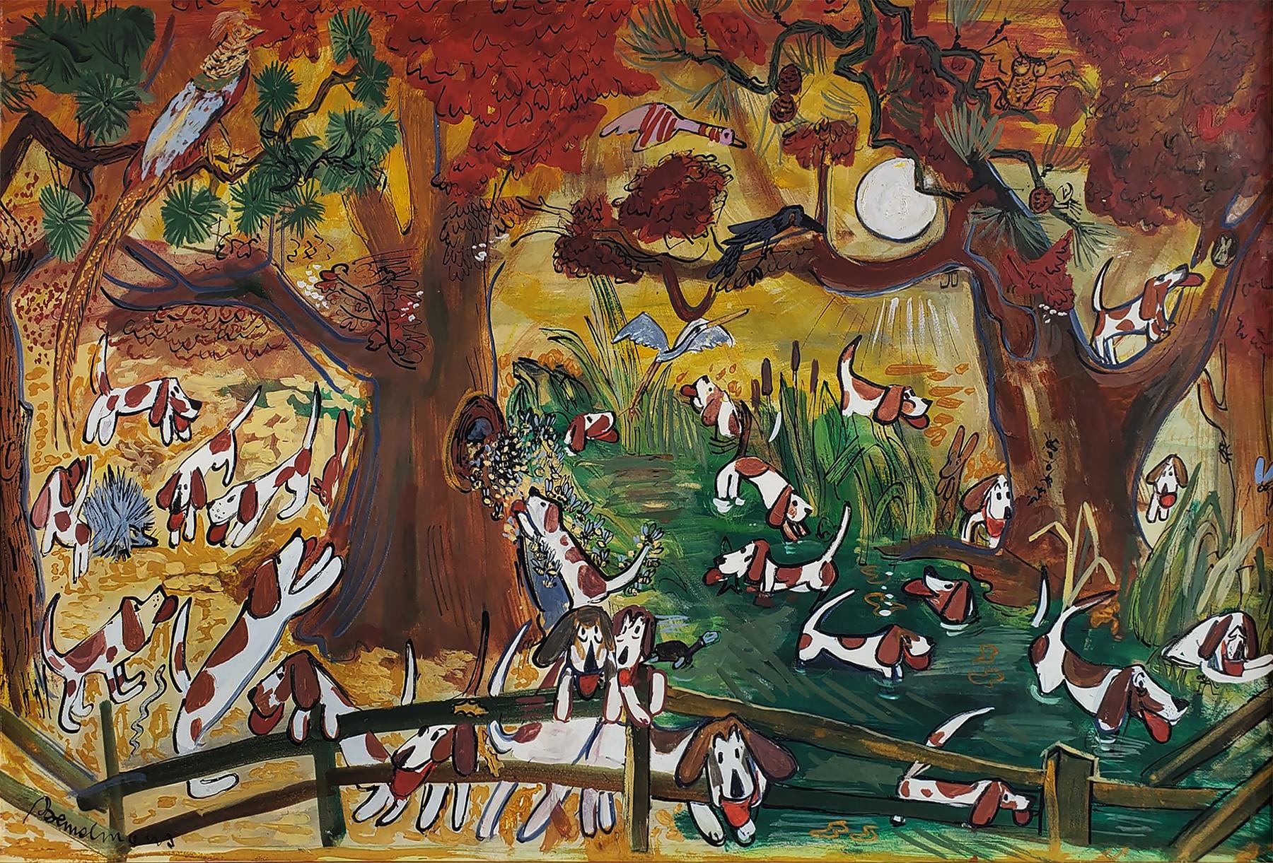 Ludwig Bemelmans Landscape Painting - Dogs Hounds Foxhunt. Pheasant,  Duck,  Black Bird, Owl Squirrel Crane Porcupine