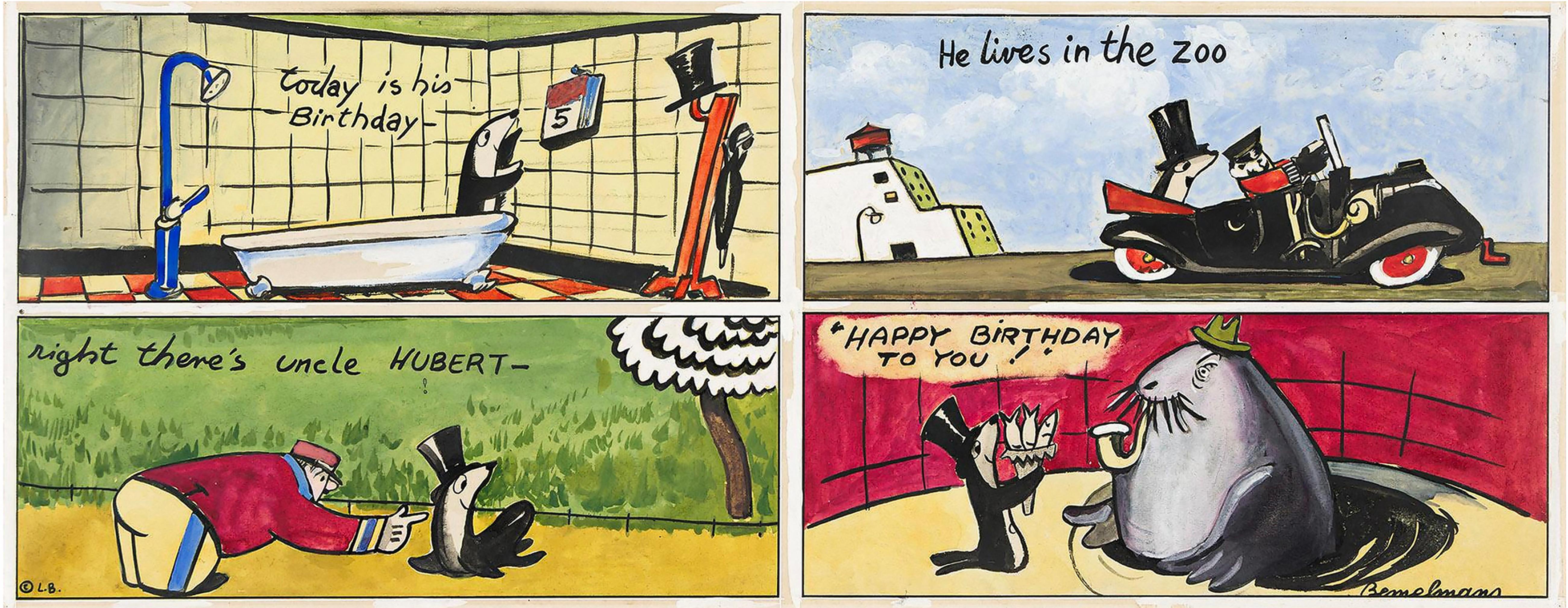 Animal Painting Ludwig Bemelmans - Le phoque interprète Silly Willy célèbre un joyeux anniversaire