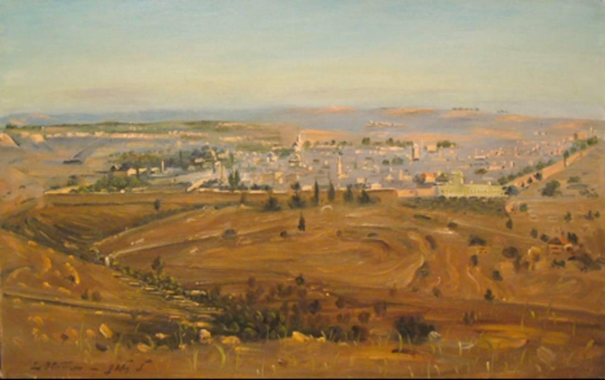 Jerusalem von Ludwig Blum

Öl auf Leinwand 
18 x 28,7 Zoll  / 45,7 x 73cm
Unterzeichnet
Gemalt um 1955
